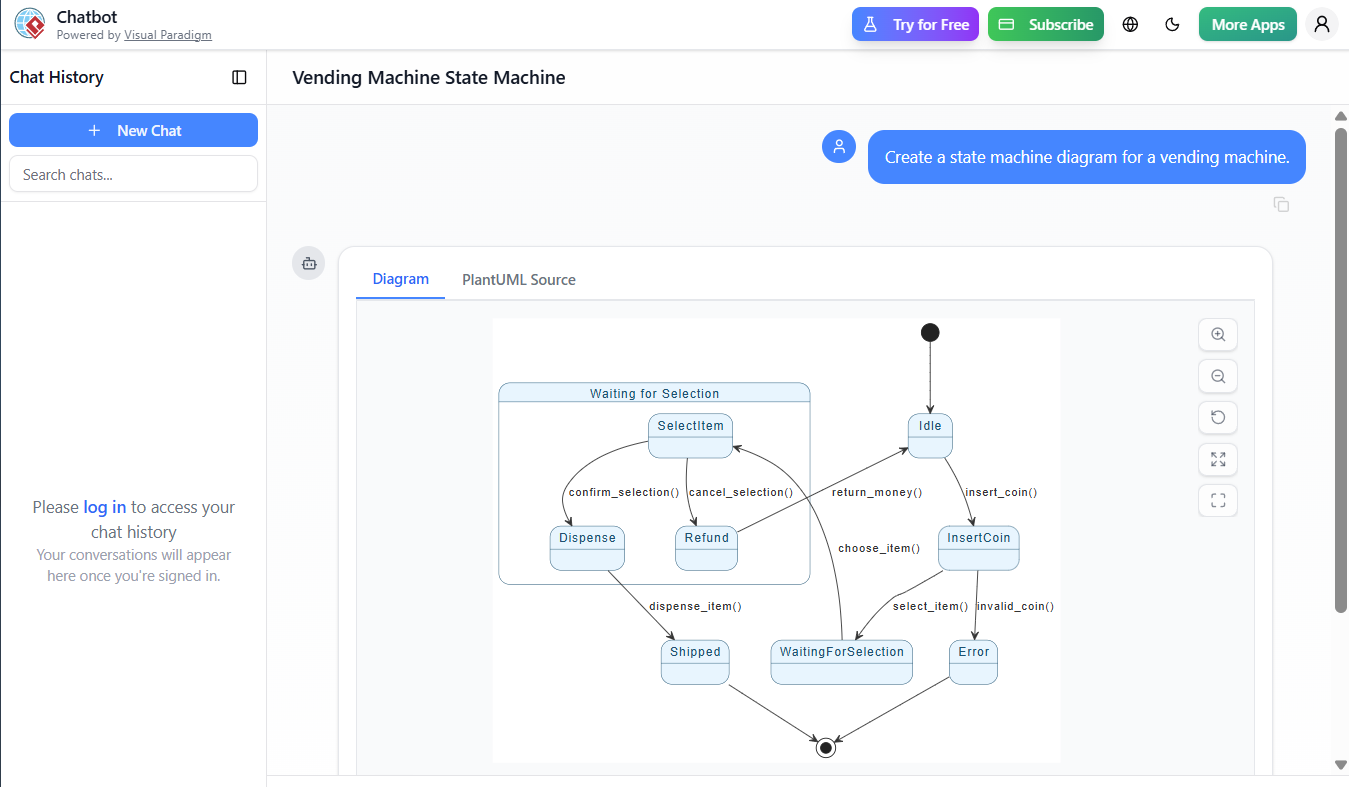 Fallstudie: UML-Zustandsmaschinen-Diagramm für ein Automatensystem – Verwendung von PlantUML und Visual Paradigm AI zur Modellierung realer Verhaltensweisen Fallstudie: UML-Zustandsmaschinen-Diagramm für ein Automatensystem – Verwendung von PlantUML und Visual Paradigm AI zur Modellierung realer Verhaltensweisen
