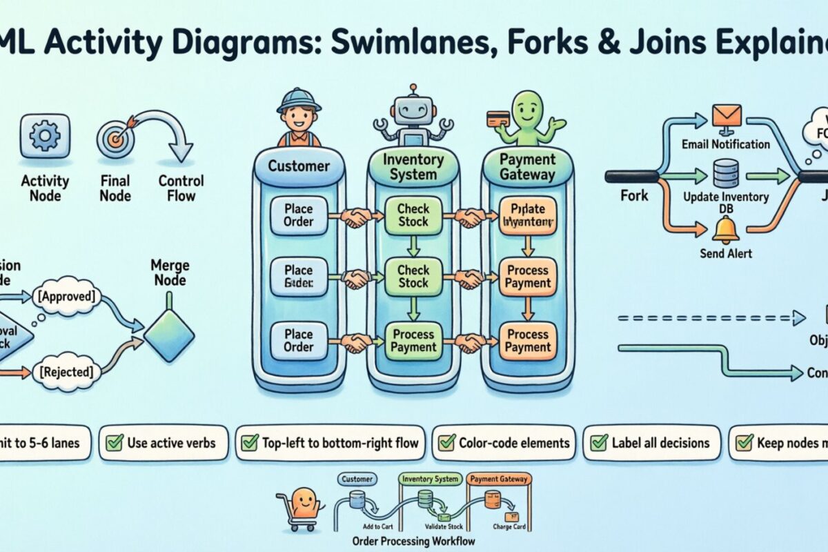 Aufbau von UML-Aktivitätsdiagrammen: Swimlanes, Forks und Joins erklärt