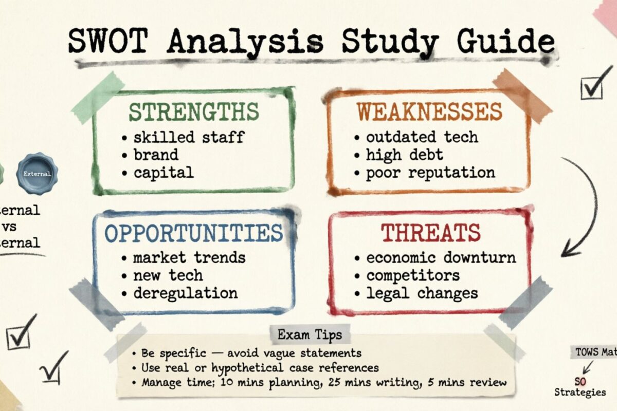 Guía de estudio de análisis SWOT para exámenes de negocios