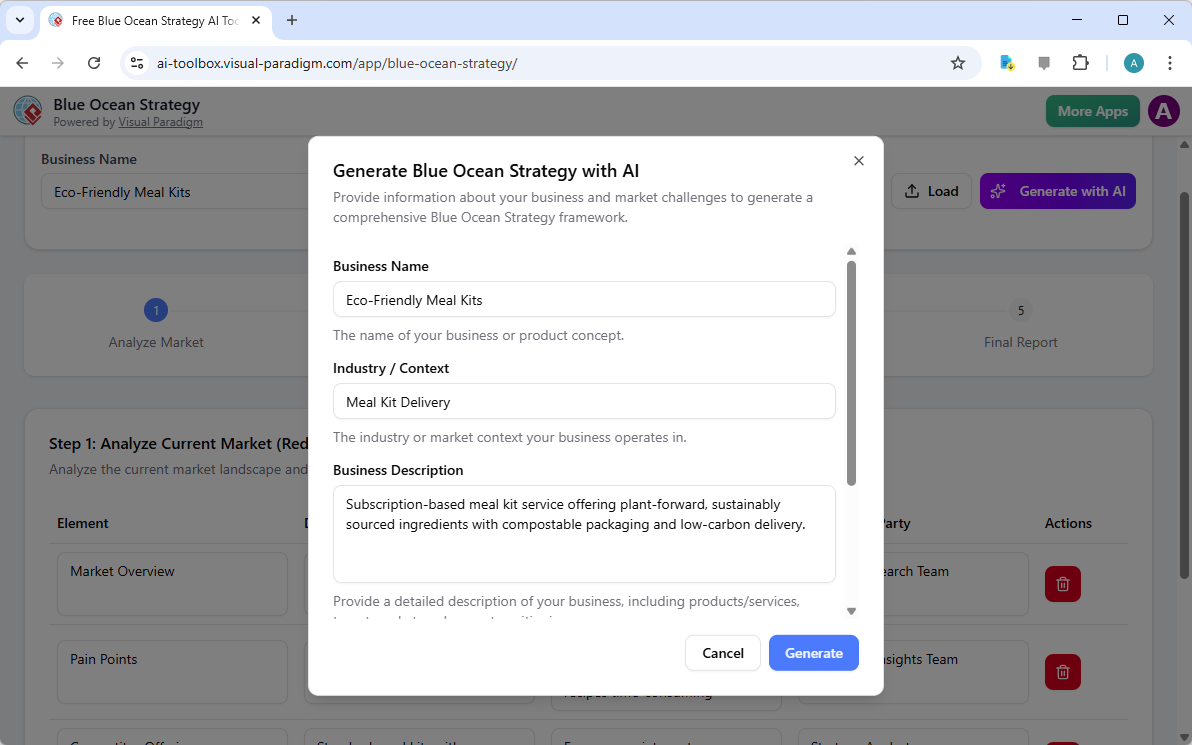 पर्यावरण के अनुकूल माल बॉक्स उद्योग को फिर से आकार देना: AI-संचालित ब्लू ओशन स्ट्रैटेजी बिल्डर के साथ बाजार नेतृत्व वाले मूल्य नवाचार उत्पन्न करें
