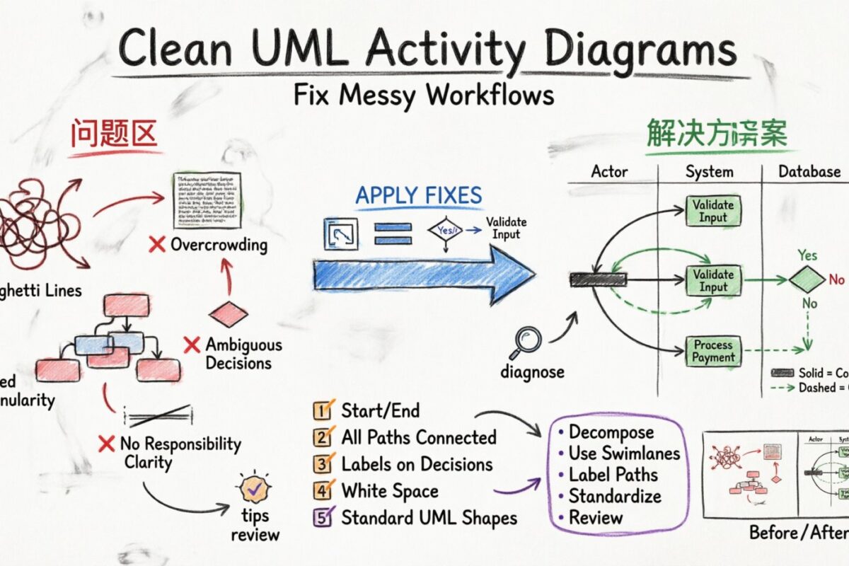Tại sao sơ đồ hoạt động UML của bạn trông lộn xộn và cách khắc phục chúng Tại sao sơ đồ hoạt động UML của bạn trông lộn xộn và cách khắc phục chúng