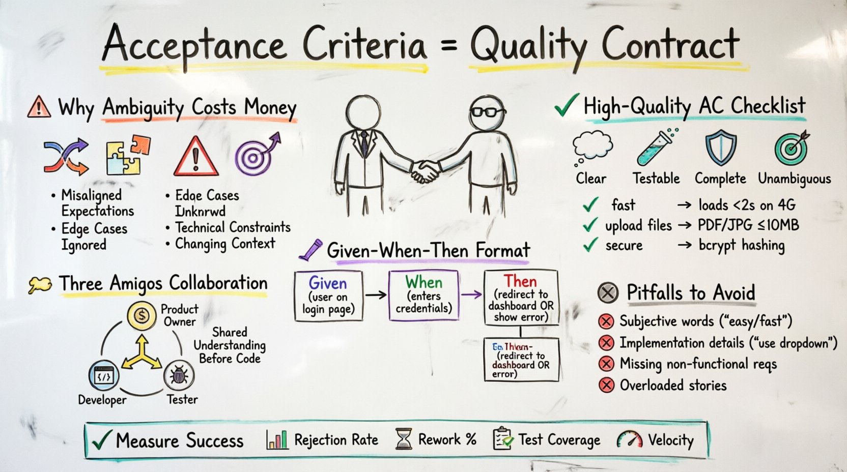 Hand-drawn whiteboard infographic illustrating how to write effective acceptance criteria in Scrum to prevent development rework. Features color-coded sections: red for costs of ambiguity (misaligned expectations, edge cases), green for quality criteria traits (clear, testable, complete, unambiguous), purple for Given-When-Then format examples, yellow for Three Amigos collaboration (Product Owner, Developer, Tester), and gray for common pitfalls. Includes vague vs precise criteria comparisons and key metrics to track success. Visual style uses marker-drawn icons, arrows, and checkmarks on whiteboard texture background.