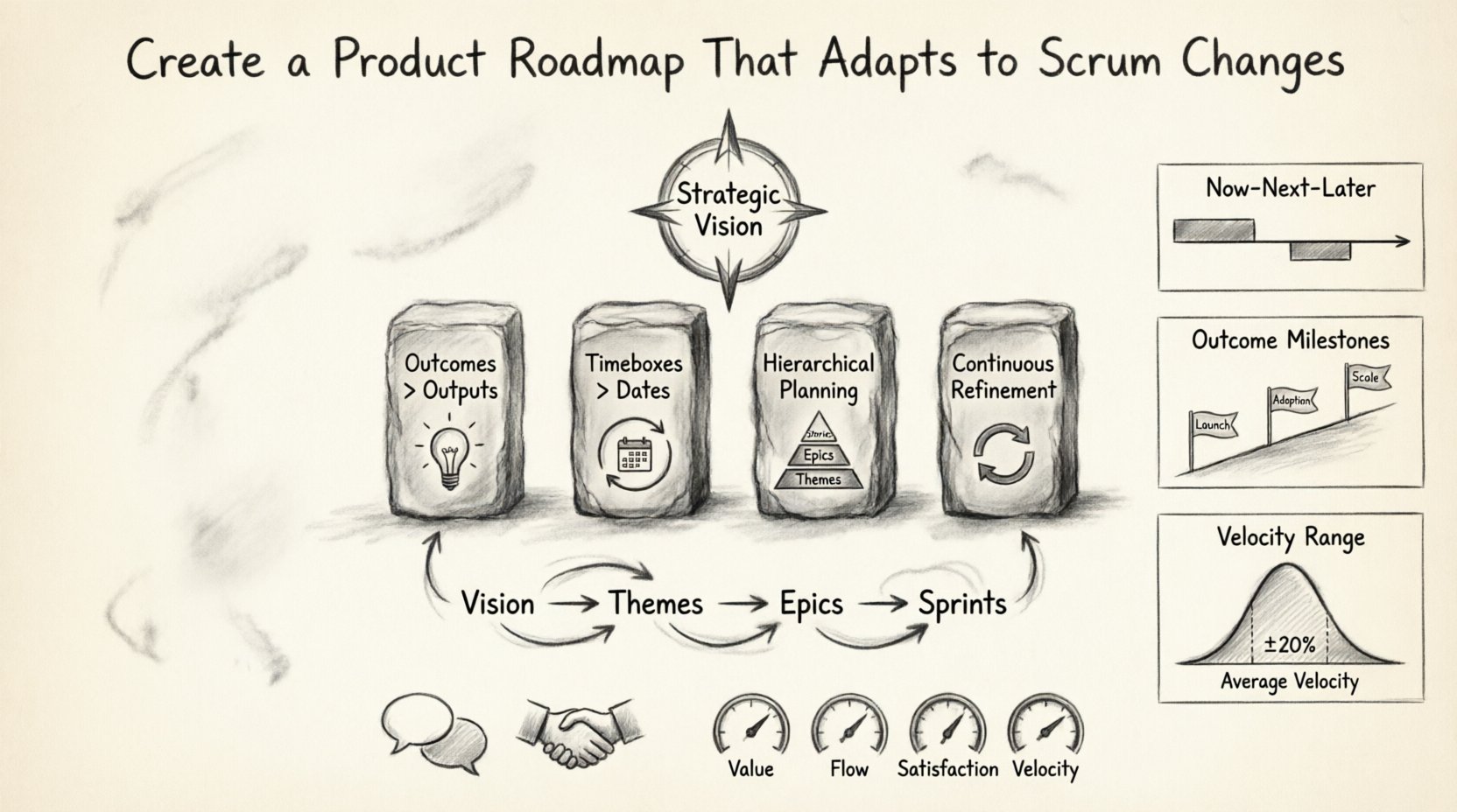 Charcoal contour sketch infographic illustrating how to create an adaptive product roadmap for Scrum teams, featuring core principles (outcomes over outputs, timeboxes, hierarchical planning, continuous refinement), step-by-step workflow from vision to sprints, visualization models (Now-Next-Later, outcome-based, velocity forecasting), and stakeholder communication strategies in a hand-drawn monochrome artistic style