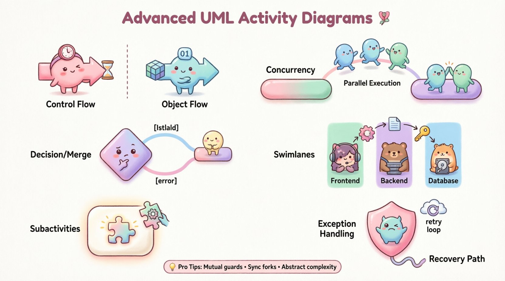 Kawaii-style infographic illustrating advanced UML activity diagram patterns for mid-level developers: control flow vs object flow comparison, fork/join concurrency nodes, decision/merge branching logic, swimlane responsibility partitions, exception handling workflows, and subactivity modularization - all rendered in cute pastel vector art with simplified rounded shapes for intuitive visual learning