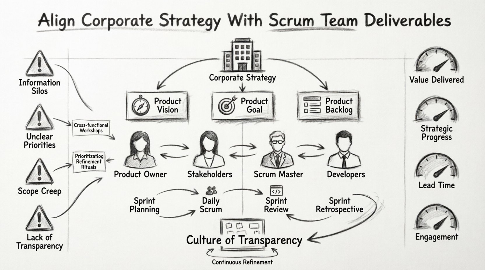 Charcoal sketch infographic illustrating how to align corporate strategy with Scrum team deliverables, showing the flow from business objectives through Product Vision, Product Goal, and Product Backlog to Sprint execution, with key roles (Product Owner, Stakeholders, Scrum Master, Developers), Scrum events, outcome-focused metrics, and strategies to overcome alignment barriers like information silos and scope creep.
