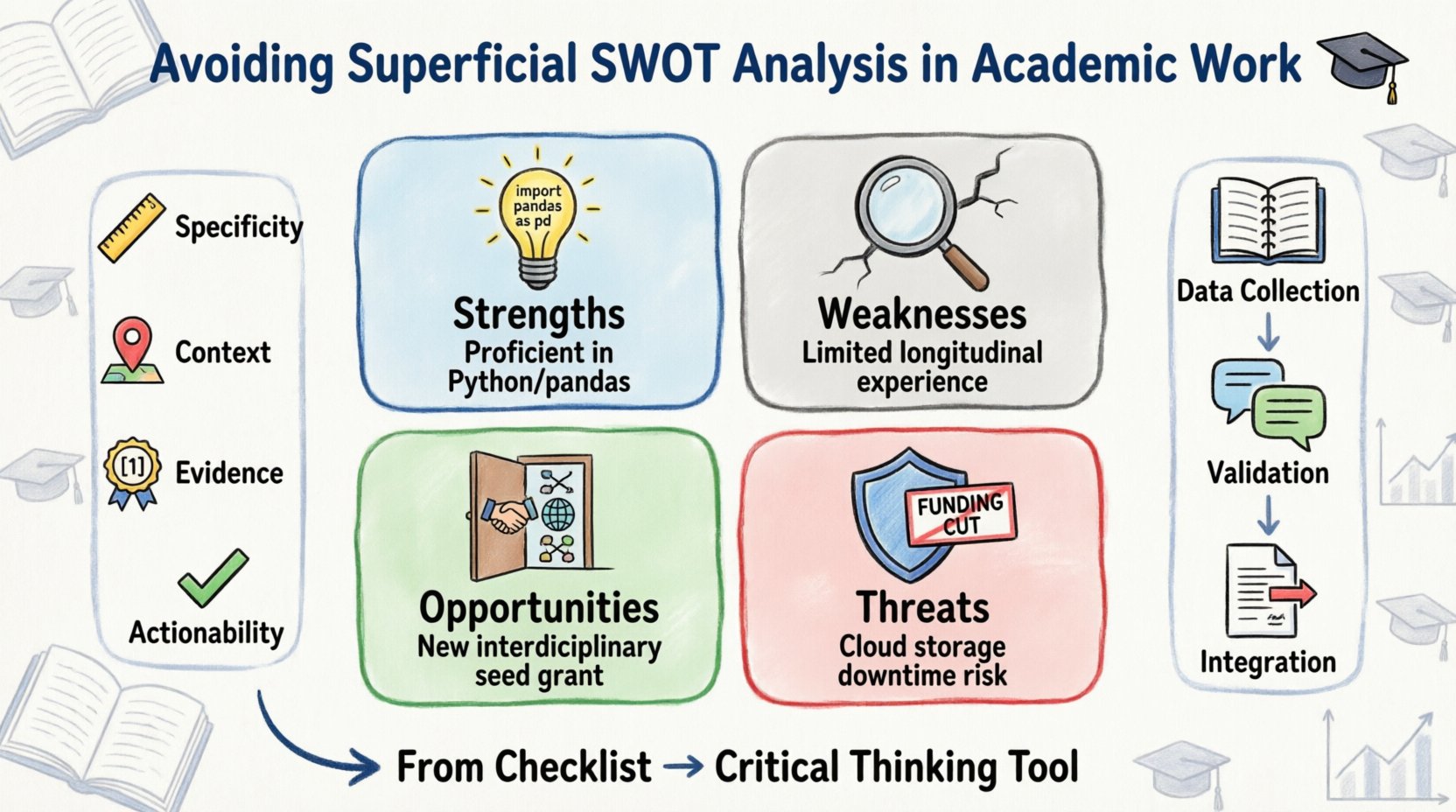 Cartoon-style 16:9 infographic summarizing how to avoid superficial SWOT analysis in academic work: features a 2x2 matrix with Strengths (Python/pandas proficiency), Weaknesses (limited longitudinal experience), Opportunities (interdisciplinary seed grants), and Threats (cloud storage risks); includes four rigor criteria (Specificity, Context, Evidence, Actionability), a 3-step methodology flow (Data Collection → Validation → Integration), and key takeaway transforming SWOT from checklist to critical thinking tool for thesis and research proposals