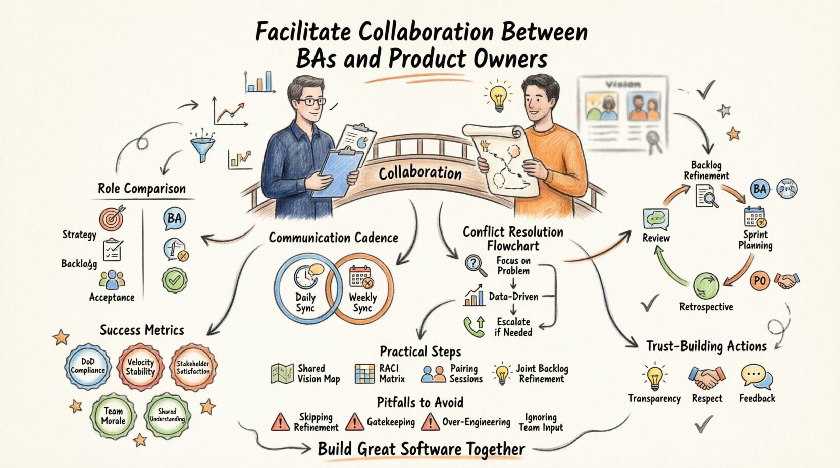 Hand-drawn infographic illustrating effective collaboration between Business Analysts and Product Owners in Scrum teams. Features two complementary role icons connected by a collaboration bridge, with sections covering: distinct responsibilities comparison (strategy, backlog, stakeholders, acceptance), shared vision alignment practices, Scrum ceremony interaction points (backlog refinement, sprint planning, review, retrospective), requirements documentation strategies, communication cadence recommendations, conflict resolution framework, success metrics (DoD compliance, velocity stability, stakeholder satisfaction, team morale), trust-building actions, practical improvement steps, and common pitfalls to avoid. Designed with thick outline strokes, warm professional color palette, and clear visual flow to guide agile teams toward better BA-PO partnership and higher-value product delivery.
