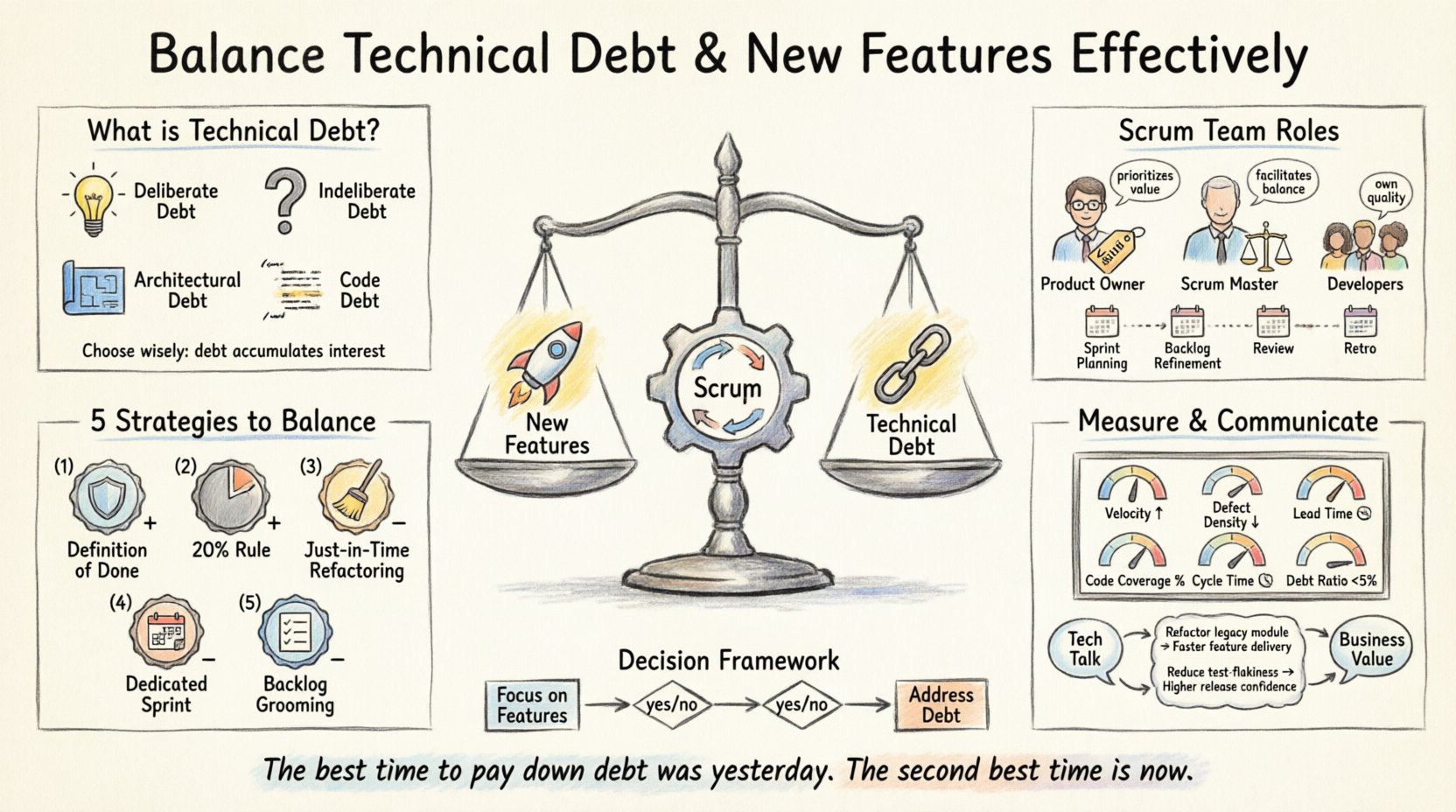 Hand-drawn infographic illustrating how to balance technical debt and new features in Scrum: shows technical debt types (deliberate, indeliberate, architectural, code), Scrum team roles and events, five key strategies (Definition of Done, 20% rule, just-in-time refactoring, dedicated sprints, backlog grooming), essential metrics dashboard, business communication tips, risk matrix, and a decision framework flowchart for sustainable software development velocity