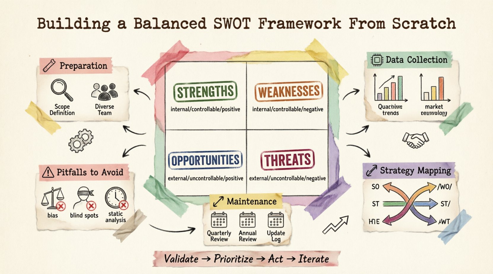 Infographic illustrating how to build a balanced SWOT framework from scratch in stamp and washi tape collage style: central 2x2 grid showing Strengths (internal/controllable/positive), Weaknesses (internal/controllable/negative), Opportunities (external/uncontrollable/positive), and Threats (external/uncontrollable/negative); surrounded by key phases including scope definition, diverse team assembly, qualitative and quantitative data validation, TOWS strategy mapping (SO/WO/ST/WT), prioritization matrix by impact and urgency, common pitfalls to avoid (bias, blind spots, static analysis), and maintenance cadence (quarterly/annual/event-driven reviews); designed with vintage rubber stamp accents, colorful washi tape borders, hand-drawn connectors, and craft-style typography on textured paper background for an approachable, actionable strategic planning guide.