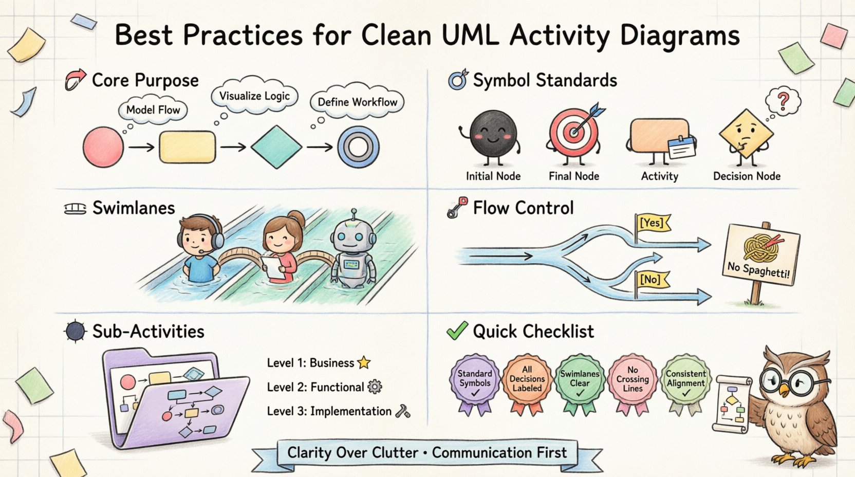 Whimsical infographic illustrating best practices for clean UML activity diagrams: standardized symbols (initial/final nodes, activities, decisions), swimlane organization, directional flow control, sub-activity abstraction, visual spacing tips, and validation checklist - designed for clear visual communication of system workflows