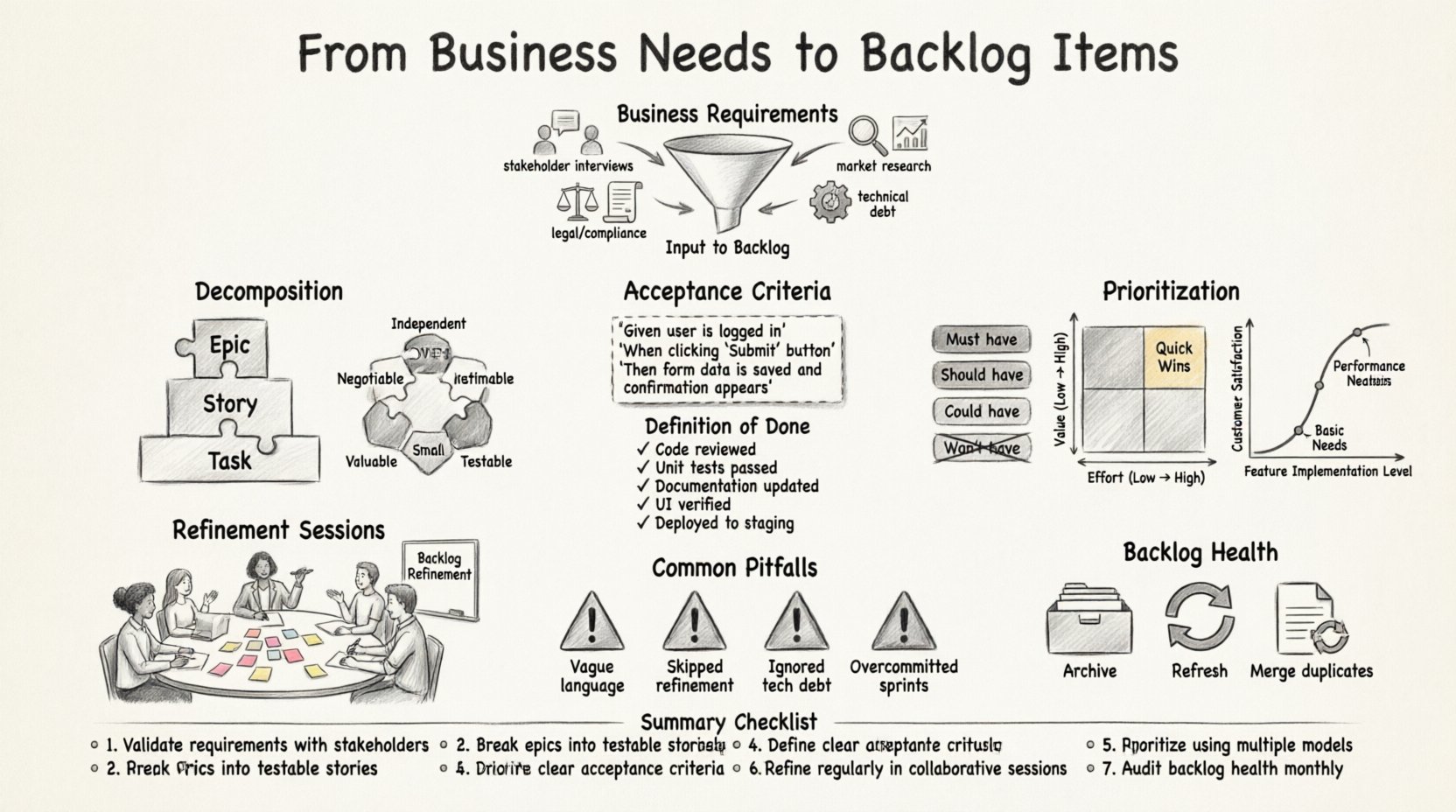 Sketch-style infographic illustrating the Agile process of converting business requirements into product backlog items, showing requirement sources, decomposition into epics and user stories, INVEST criteria, Given/When/Then acceptance criteria, prioritization frameworks like MoSCoW and Value vs Effort matrix, collaborative refinement sessions, common pitfalls to avoid, and backlog maintenance practices for effective product development