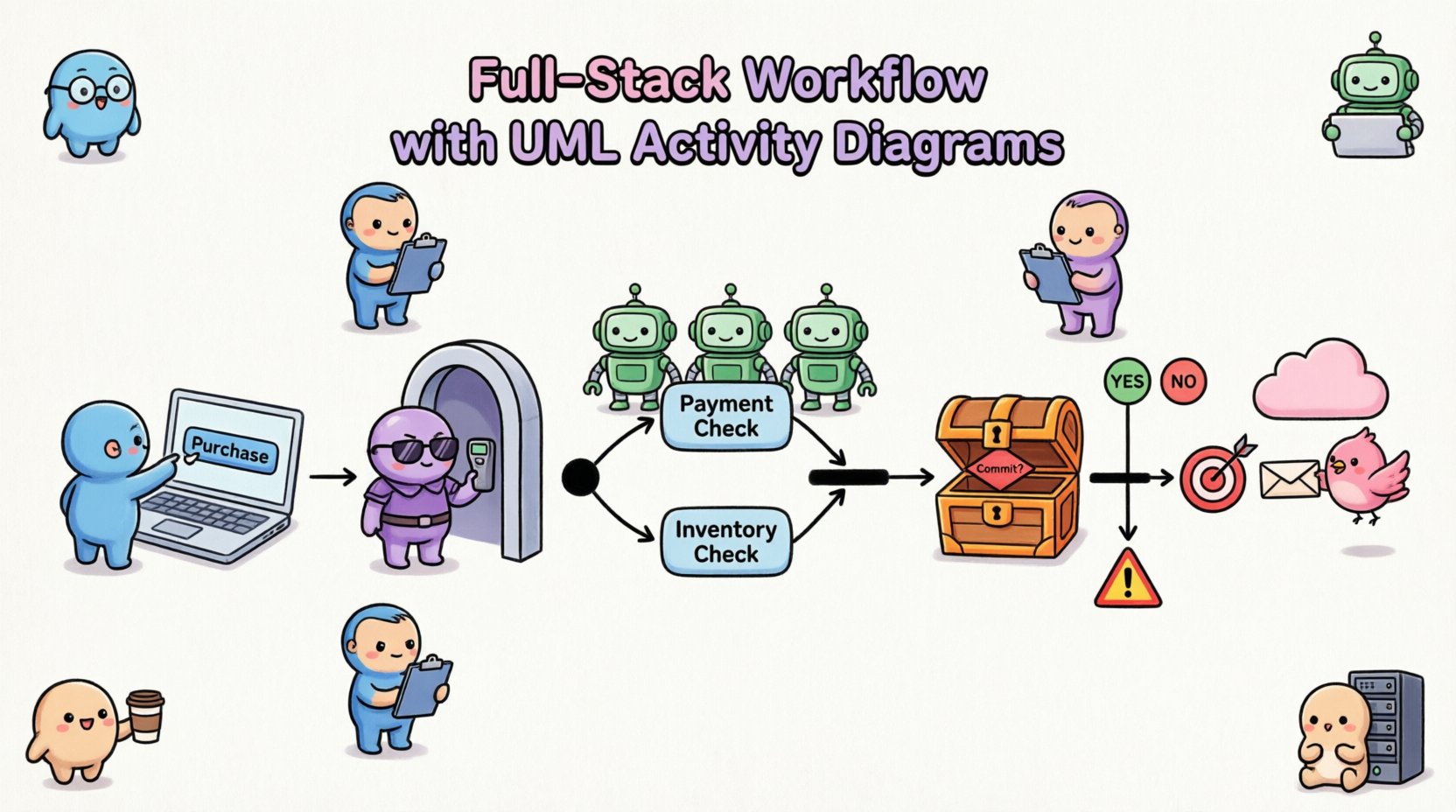 Chibi-style infographic illustrating a full-stack software workflow mapped with UML activity diagrams, showing five phases: frontend user interaction with validation, API gateway authentication middleware, backend business logic with fork-join parallel processing, database transaction management with commit-rollback decisions, and external service integrations; features cute chibi characters, color-coded sections, and standard UML symbols including initial node, action rectangles, decision diamonds, fork/join bars, and final node for intuitive visual learning