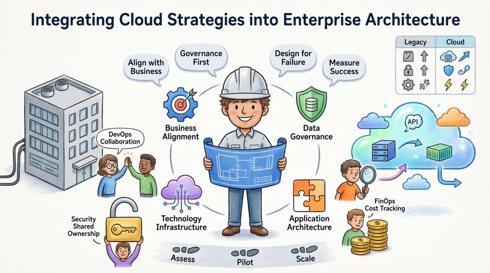 Cartoon infographic illustrating cloud strategy integration into enterprise architecture: featuring four pillars (business alignment, data governance, application architecture, technology infrastructure), legacy vs cloud comparison, 3-phase implementation roadmap, DevOps collaboration, FinOps cost management, and security best practices for enterprise IT transformation
