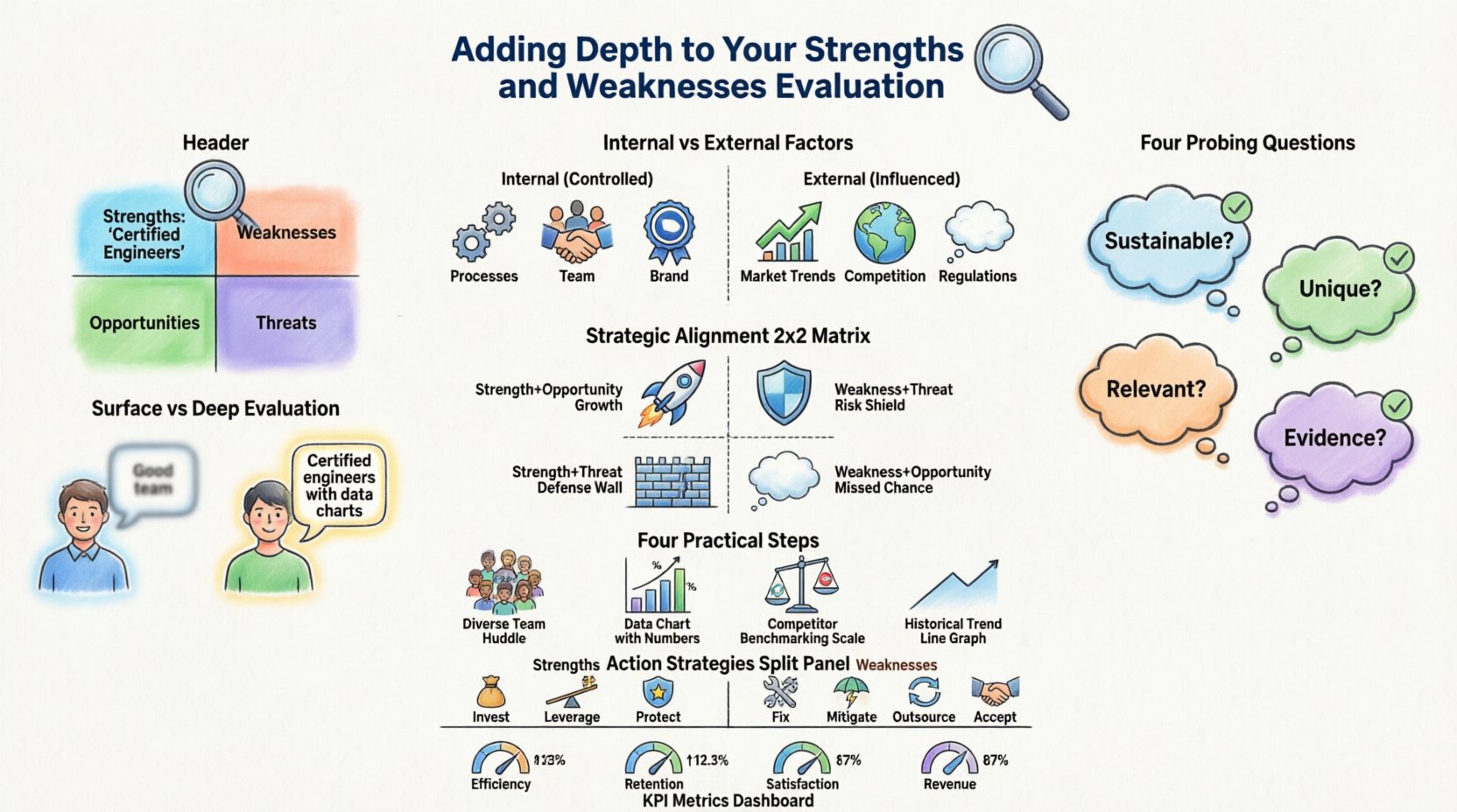 Cartoon infographic illustrating how to add depth to SWOT analysis by deeply evaluating internal strengths and weaknesses, with sections on defining capabilities, asking probing questions, strategic alignment matrix, practical implementation steps, and actionable strategies for business growth