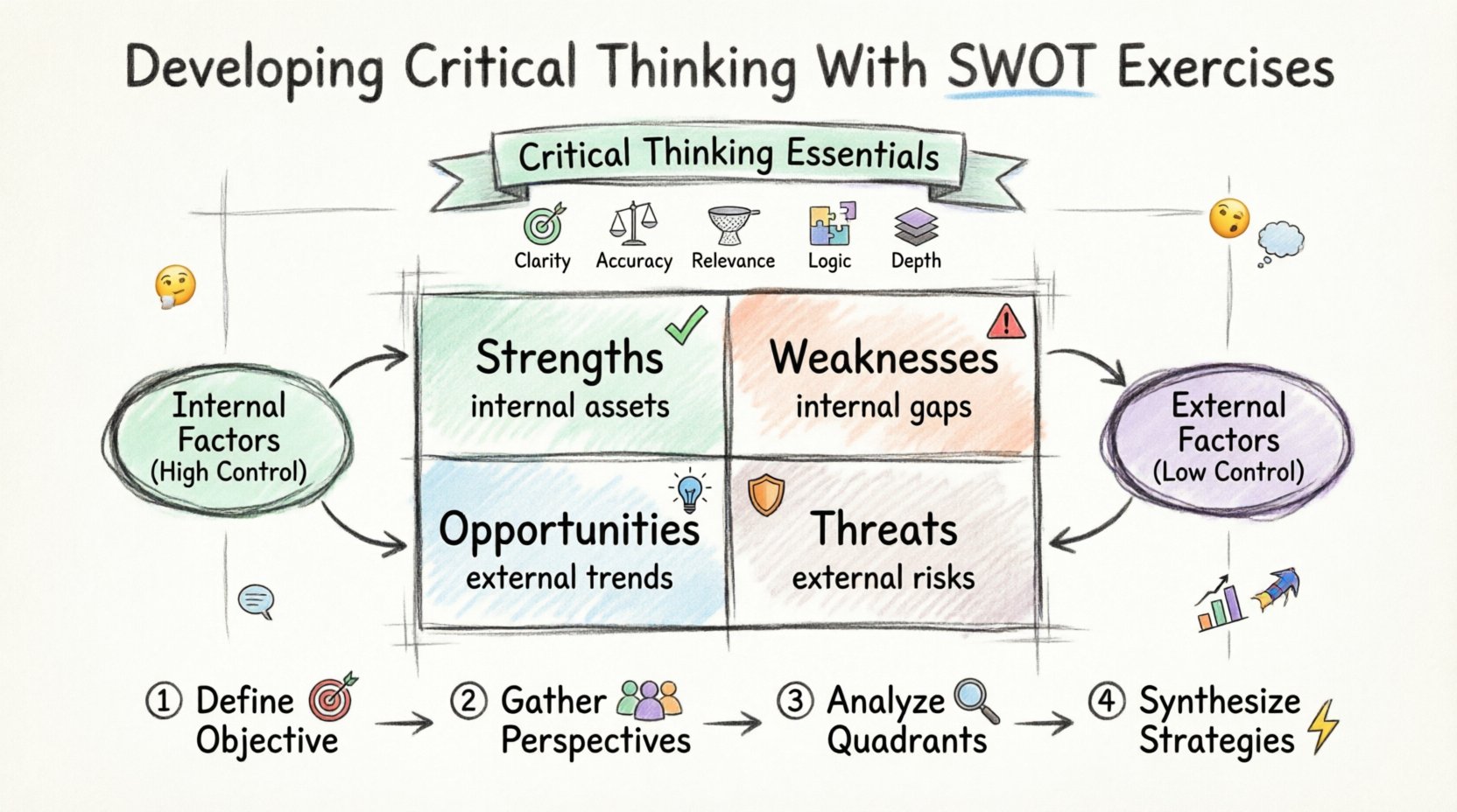 Hand-drawn infographic illustrating how SWOT analysis (Strengths, Weaknesses, Opportunities, Threats) develops critical thinking skills, featuring the 2x2 matrix framework distinguishing internal vs external factors, five critical thinking essentials (clarity, accuracy, relevance, logic, depth), and a four-step process: define objective, gather perspectives, analyze quadrants, and synthesize strategies