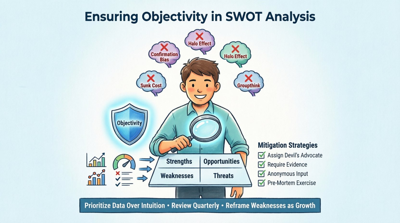 Cartoon infographic summarizing how to ensure objectivity in SWOT analysis: shows SWOT quadrants (Strengths, Weaknesses, Opportunities, Threats) with a character using a magnifying glass for scrutiny; surrounding icons depict cognitive biases (confirmation bias, halo effect, sunk cost fallacy, groupthink) crossed out with mitigation strategies like devil's advocate, evidence requirements, anonymous input, and pre-mortem exercises; includes data validation sources (surveys, metrics, competitor analysis) and key takeaways for team facilitation and personal reflection, emphasizing evidence-based strategic planning and quarterly reviews