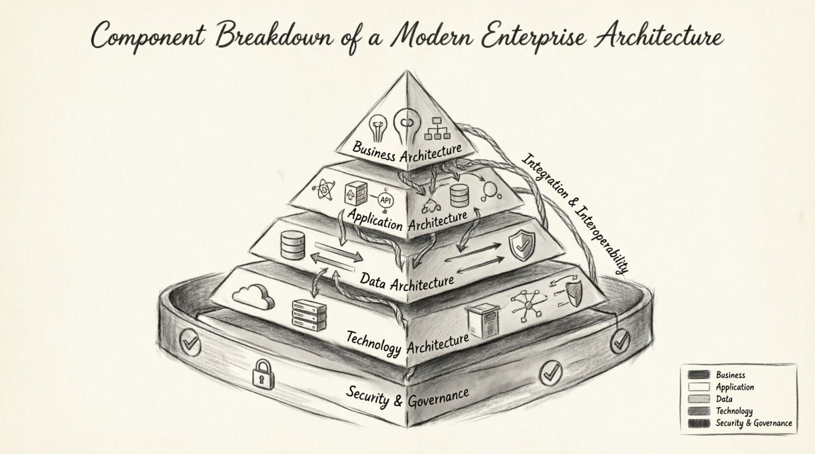 Charcoal sketch infographic illustrating the 5-layer component breakdown of modern enterprise architecture: Business Architecture (capabilities, value streams), Application Architecture (microservices, APIs), Data Architecture (models, governance), Technology Architecture (cloud, infrastructure), and Security & Governance (risk, compliance), with Integration threads connecting all layers in a hand-drawn contour style