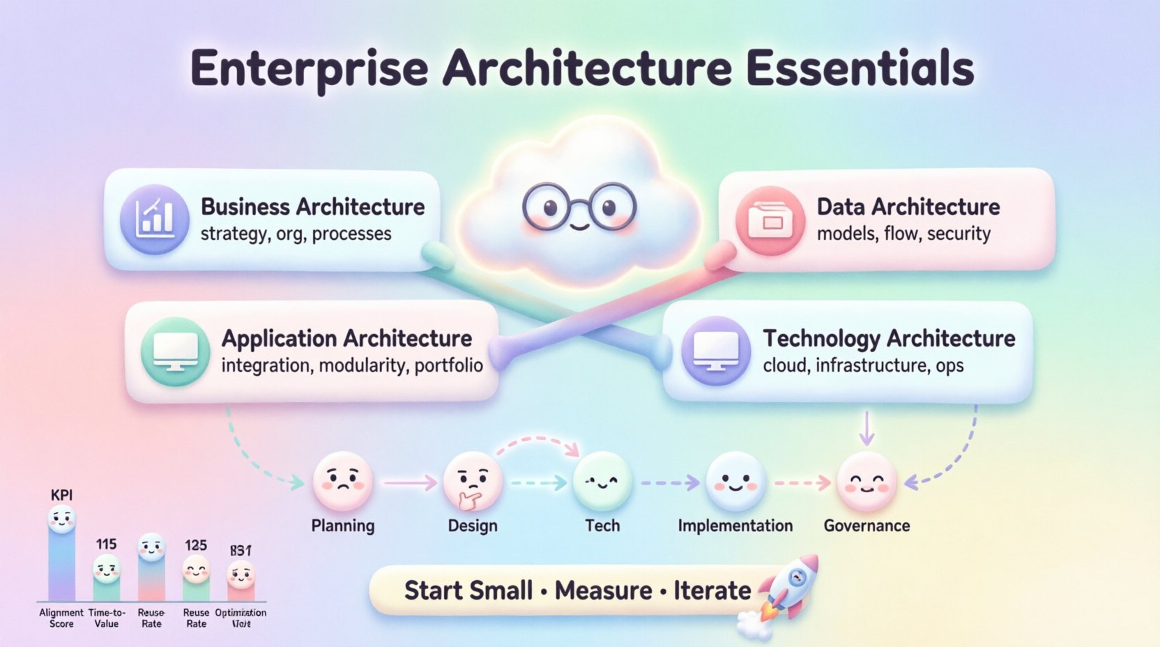 Kawaii-style infographic illustrating Enterprise Architecture Essentials with four core domains (Business, Data, Application, Technology Architecture), architecture development lifecycle phases, key KPIs, and practical implementation steps, presented in cute vector art with pastel colors, rounded shapes, and simplified icons for intuitive visual learning