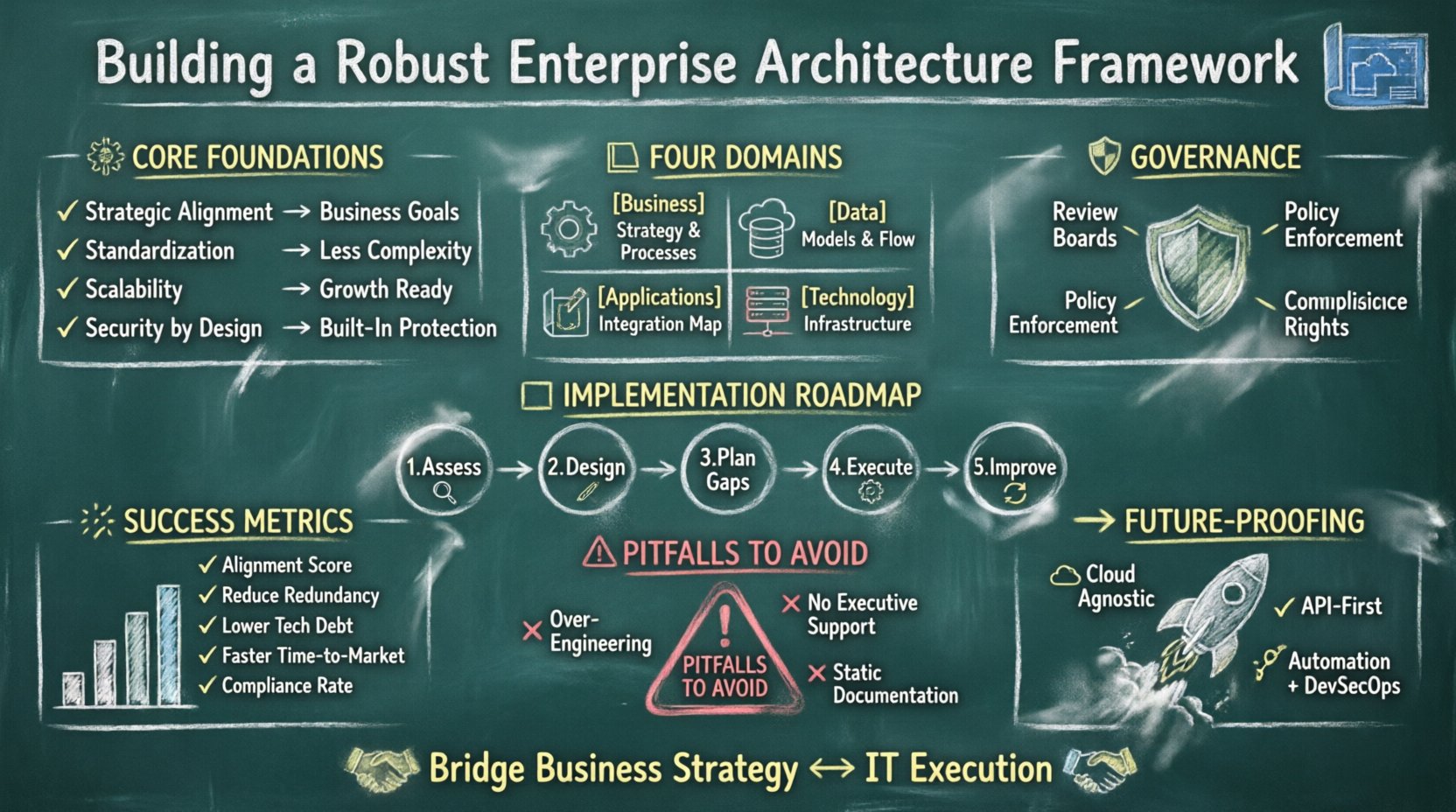 Chalkboard-style infographic teaching how to build a robust Enterprise Architecture Framework: displays core foundations (strategic alignment, standardization, scalability, security by design), four architecture domains (business, data, application, technology) with focus areas and deliverables, governance elements (review boards, policy enforcement, compliance monitoring, decision rights), a 5-phase implementation roadmap (assess, design target state, gap analysis, execute, continuous improvement), key success metrics (alignment score, redundancy reduction, technical debt ratio, time-to-market, compliance rate), common pitfalls to avoid, and future-proofing strategies (cloud agnosticism, API-first design, automation, DevSecOps integration) - all presented in a hand-written teacher aesthetic with chalk-drawn icons, arrows, and section boxes on a slate background for intuitive, educational comprehension