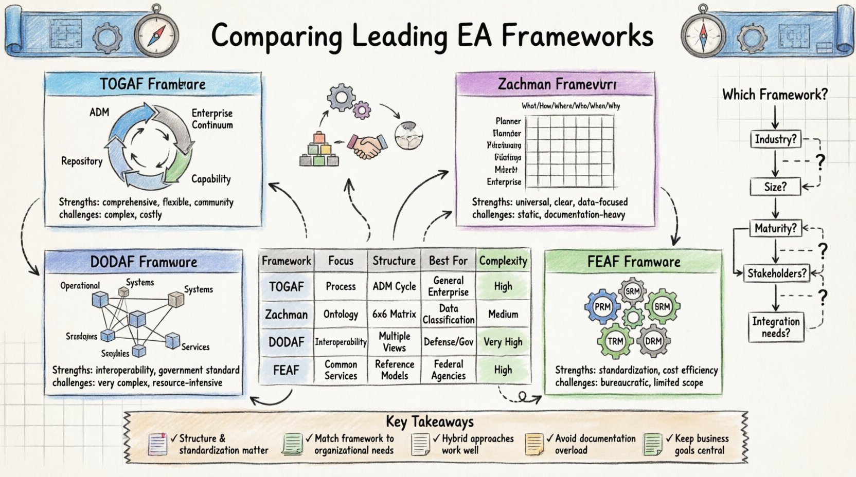 Hand-drawn infographic comparing four leading Enterprise Architecture frameworks: TOGAF with its ADM cycle, Zachman's 6x6 ontology matrix, DODAF's interoperability-focused views, and FEAF's reference models for federal agencies. Visual comparison table shows primary focus, structure, best-use cases, and complexity levels. Includes selection criteria flowchart and key implementation takeaways for aligning business strategy with IT capabilities.