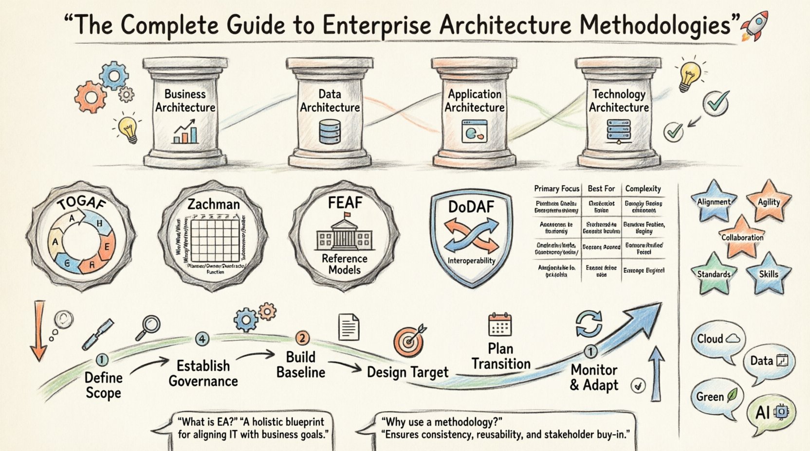 Hand-drawn infographic guide to Enterprise Architecture methodologies showing four core pillars (Business, Data, Application, Technology), comparison of TOGAF ADM cycle, Zachman 6x6 matrix, FEAF, and DoDAF frameworks, six-step implementation roadmap from scope definition to monitoring, key success factors badges, and emerging trends including cloud-native, data-centric design, green IT, and AI integration