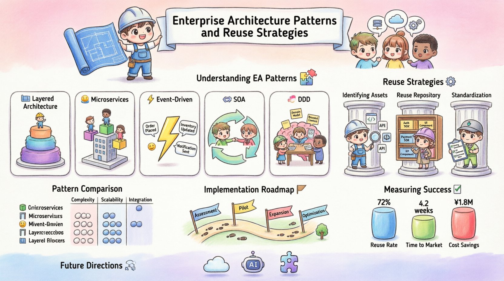 Chibi-style infographic illustrating Enterprise Architecture Patterns and Reuse Strategies: features cute characters explaining Layered, Microservices, Event-Driven, SOA, and DDD patterns; three-pillar reuse framework (asset identification, repository, governance); pattern comparison matrix for complexity/scalability/integration; four-phase implementation roadmap (Assessment→Pilot→Expansion→Optimization); KPI metrics dashboard showing reuse rate and cost savings; and future trends including cloud-native, AI automation, and low-code platforms. Designed with pastel colors, playful chibi icons, and clear English labels for intuitive understanding of EA best practices.