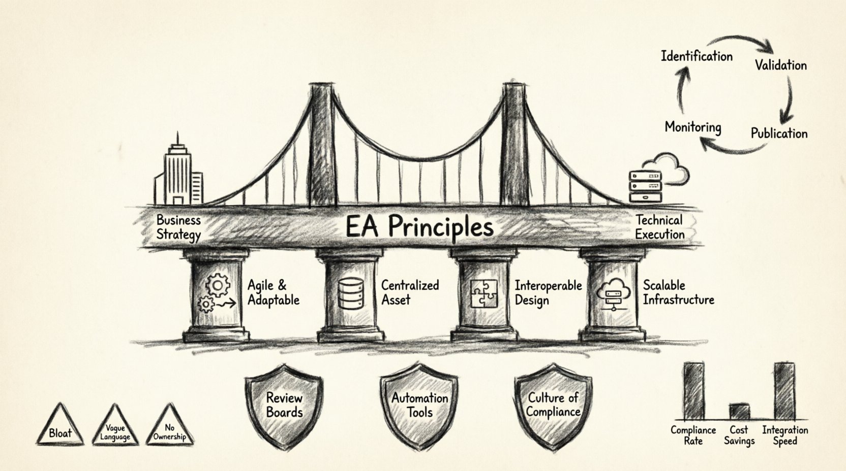 Charcoal sketch infographic illustrating Enterprise Architecture Principles: a bridge connecting business strategy to technical execution, featuring four principle categories (Business, Data, Application, Technology), a four-stage lifecycle (Identification, Validation, Publication, Monitoring), governance mechanisms including Architecture Review Boards and automation, common pitfalls to avoid, modern adaptations for cloud and DevOps, and key success metrics like compliance rate and cost savings—all rendered in hand-drawn contour style with grayscale shading for visual clarity and professional appeal.