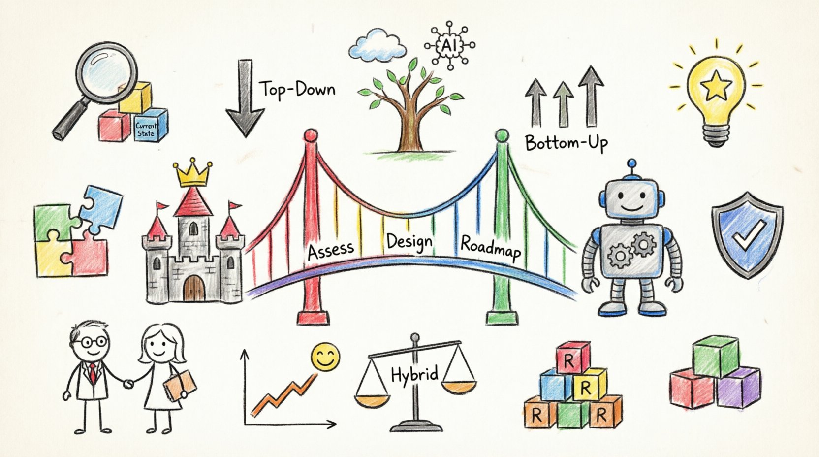 Child's drawing style infographic showing strategic planning for enterprise architects: a colorful crayon bridge connects a business castle to a technology robot, with playful hand-drawn icons representing assessment, vision, roadmap development, governance, KPIs, and future-proofing, all labeled in simple handwritten English text on a white background