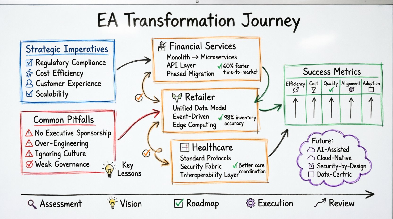 Hand-drawn whiteboard infographic illustrating enterprise architecture transformation journey: strategic imperatives, common pitfalls, three industry case studies (finance, retail, healthcare), success metrics KPIs, and practical implementation roadmap with color-coded markers