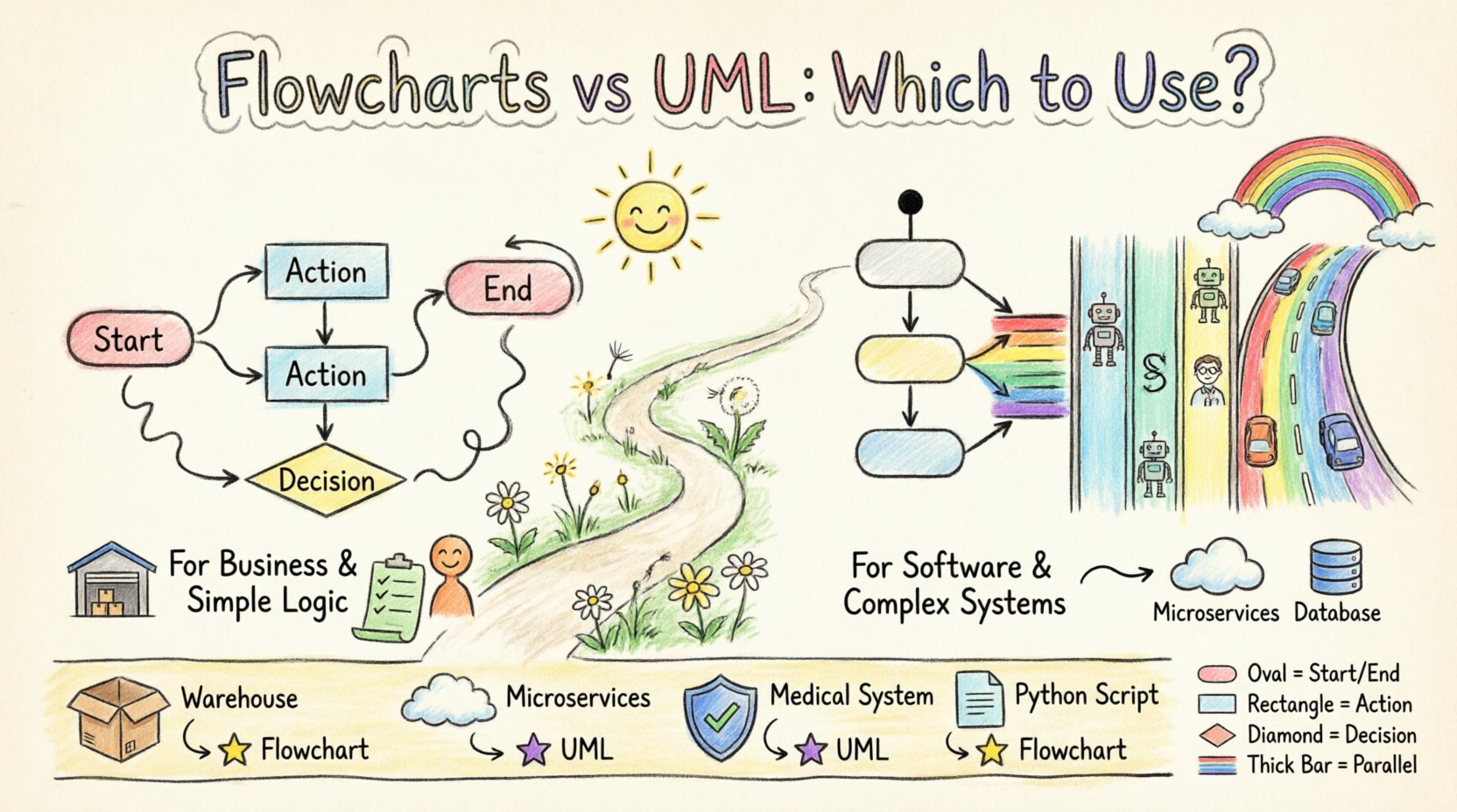 Child's drawing style infographic comparing flowcharts and UML activity diagrams for software design, showing flowchart symbols like ovals and diamonds for business processes and simple algorithms versus UML features like fork-join nodes and swimlanes for concurrent software systems, with visual decision guide for when to use each diagram type