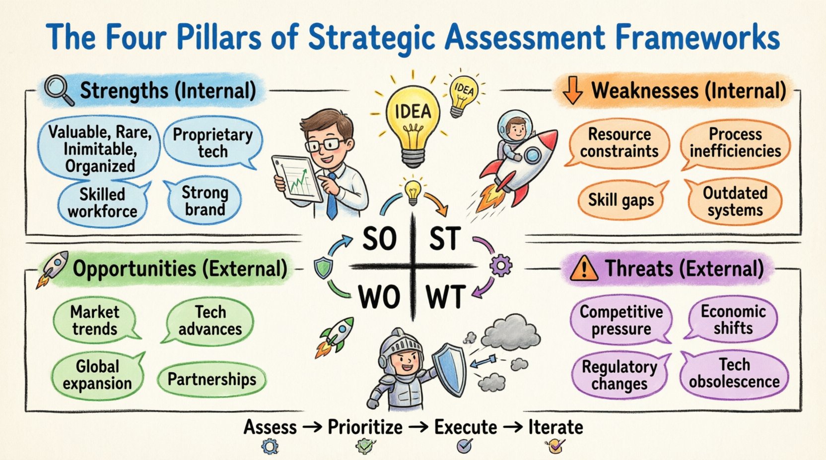 Cartoon infographic illustrating the Four Pillars of Strategic Assessment Frameworks (SWOT Analysis): Internal Strengths with criteria like valuable and rare, Internal Weaknesses including resource constraints and skill gaps, External Opportunities such as market trends and tech advances, and External Threats like competitive pressure and regulatory changes, plus a simplified TOWS Matrix showing strategy intersections for business planning
