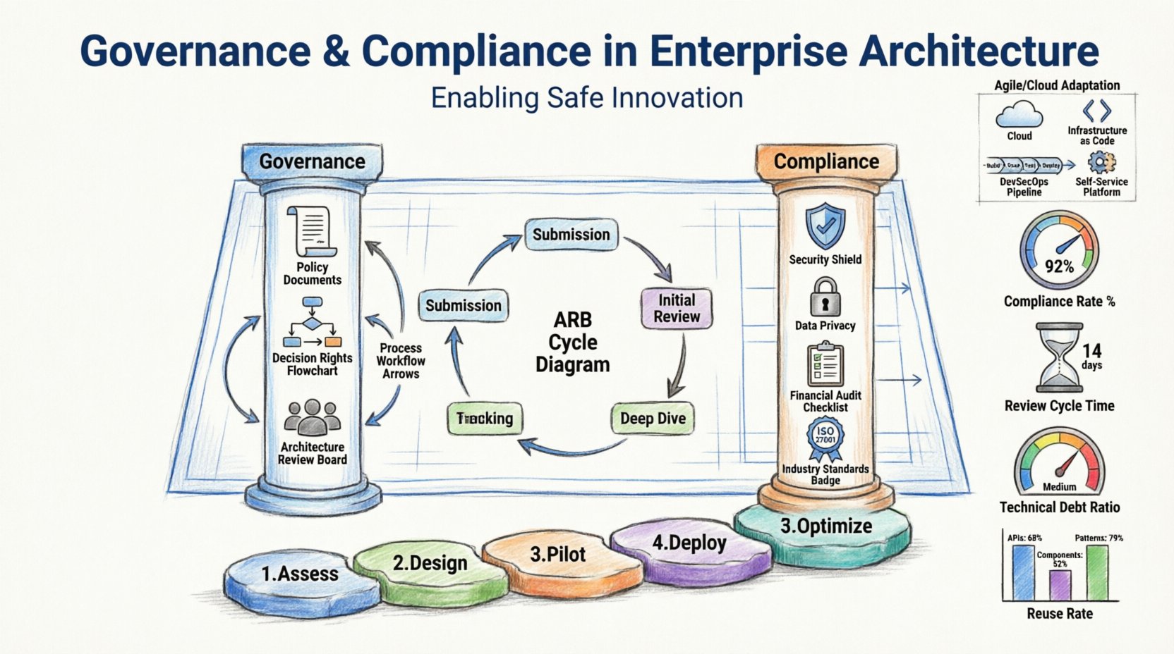 Marker-style infographic illustrating Governance and Compliance in Enterprise Architecture, featuring two pillars supporting an EA blueprint, Architecture Review Board five-step process flow, compliance focus areas including data privacy and security standards, governance components like policy definition and decision rights, agile and cloud adaptation strategies with DevSecOps pipeline, key performance metrics dashboard, and a five-phase implementation roadmap from assessment to optimization