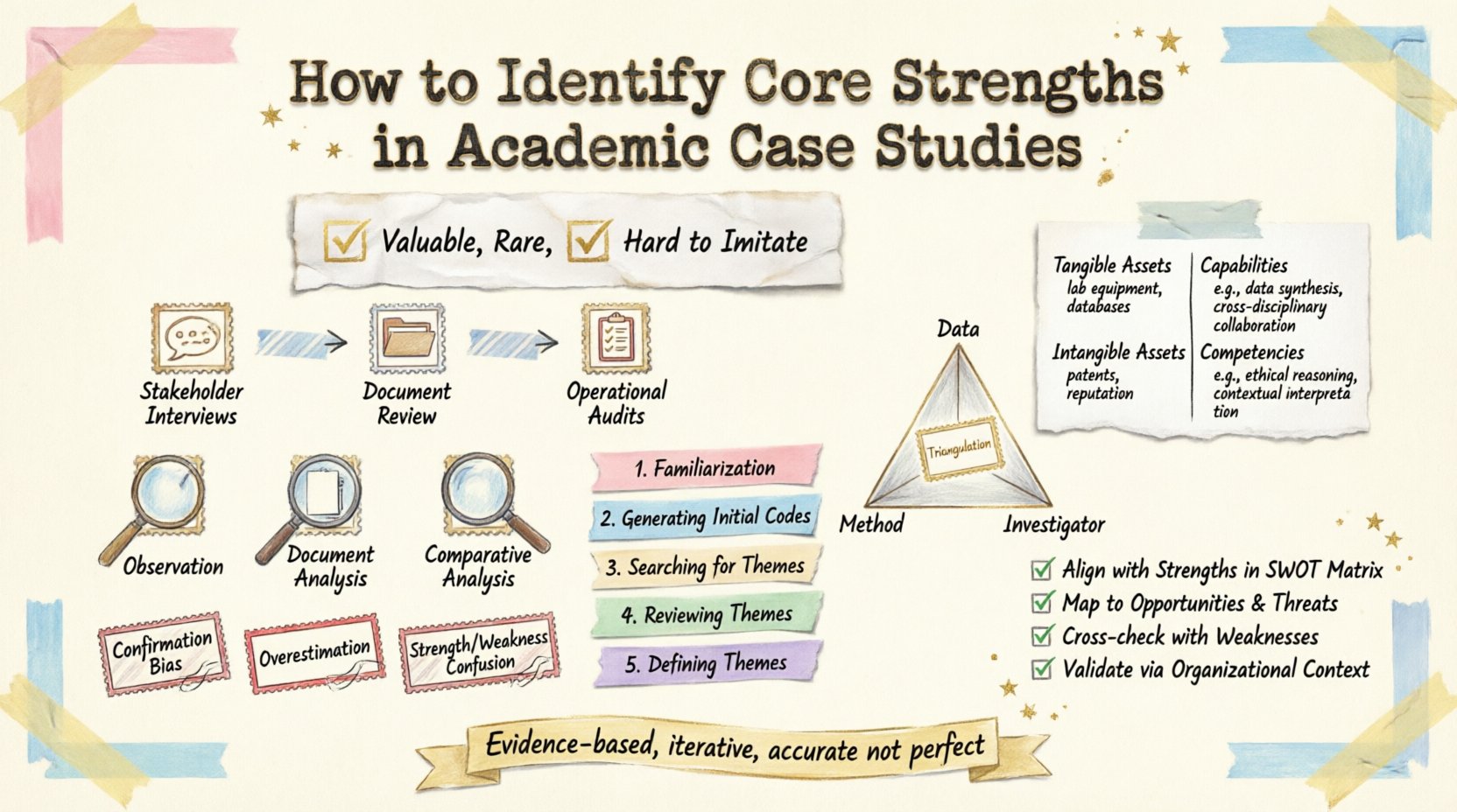Stamp and washi tape style infographic summarizing how to identify core strengths in academic case studies: defines core strengths as valuable, rare, hard-to-imitate internal factors; illustrates methodologies including stakeholder interviews, document review, and operational audits; compares tangible/intangible assets versus capabilities; outlines data collection strategies, thematic coding steps, and triangulation validation; highlights common analytical pitfalls like confirmation bias; and provides SWOT integration tips for rigorous academic research