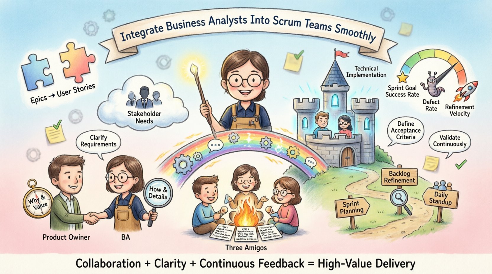 Whimsical infographic illustrating how to smoothly integrate Business Analysts into Scrum teams: shows a BA character building a bridge between stakeholder needs and technical implementation, with visual sections covering BA role clarification, Product Owner collaboration, Three Amigos sessions, sprint planning participation, acceptance criteria definition, common challenges with solutions, and success metrics like sprint goal completion and defect reduction—all in a playful pastel cartoon style with friendly characters and agile symbols