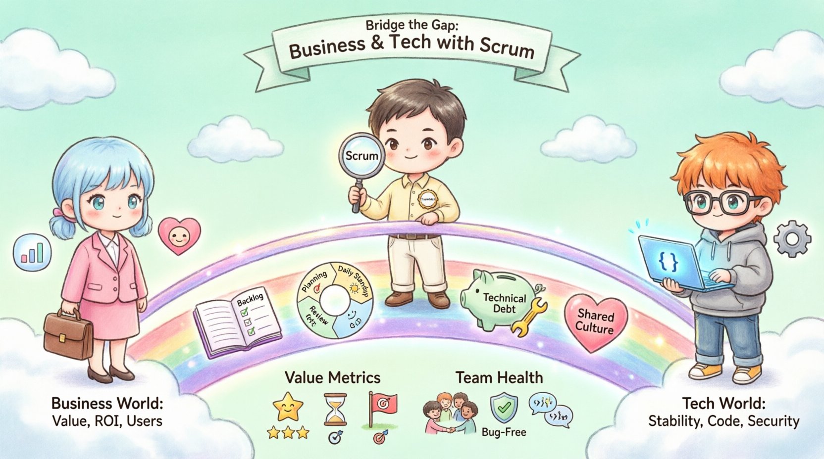 Kawaii-style infographic illustrating how Scrum framework bridges business needs and technical solutions, featuring cute chibi characters representing business stakeholders and developers connected by a rainbow bridge, with visual elements for Product Owner role, backlog management, sprint events cycle, technical debt awareness, success metrics, and shared culture principles in soft pastel colors