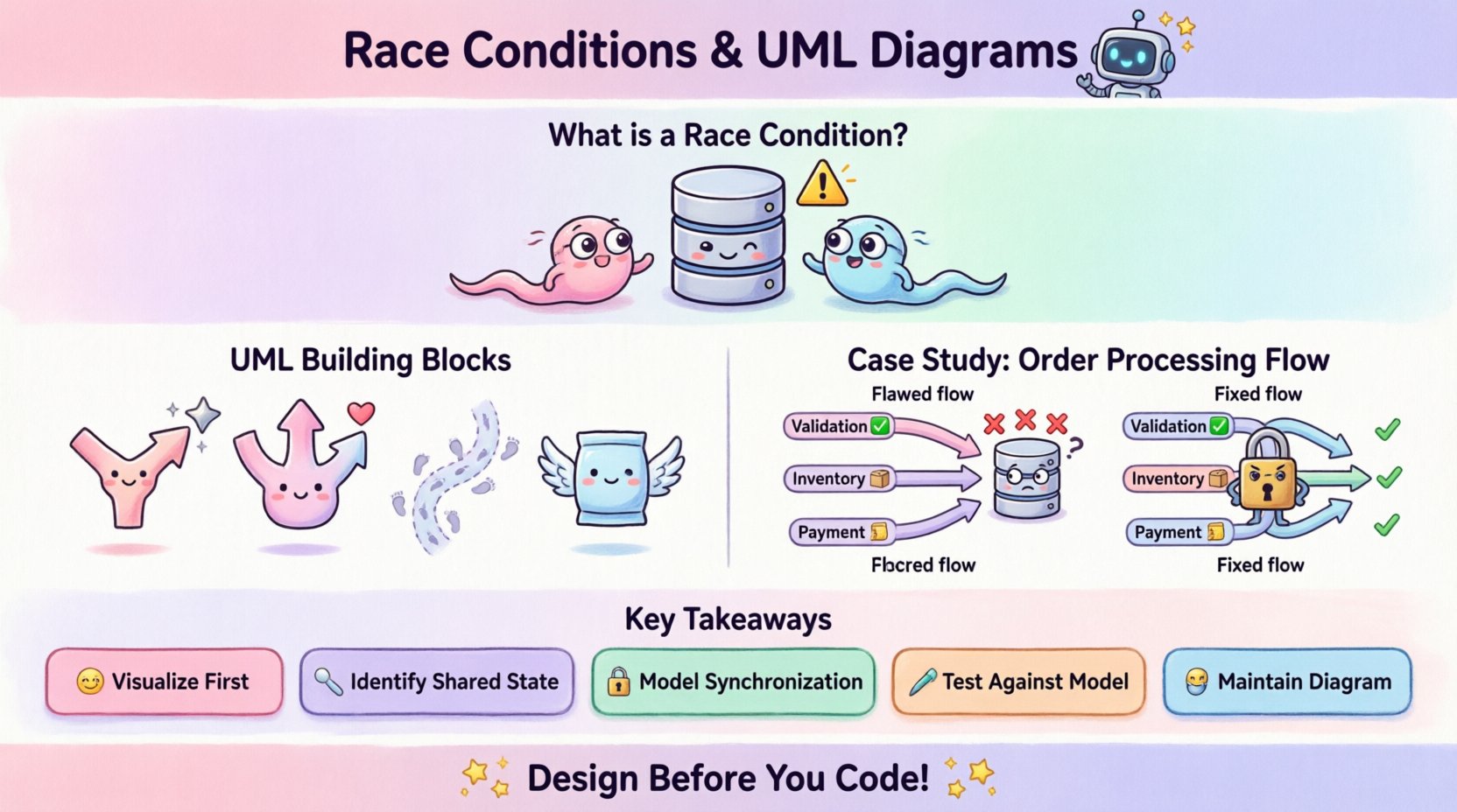 Cute kawaii-style infographic explaining race condition resolution in software using UML activity diagrams, featuring pastel-colored vector illustrations of fork nodes, join nodes, synchronization locks, and a friendly order processing workflow with before-and-after examples of concurrent thread management