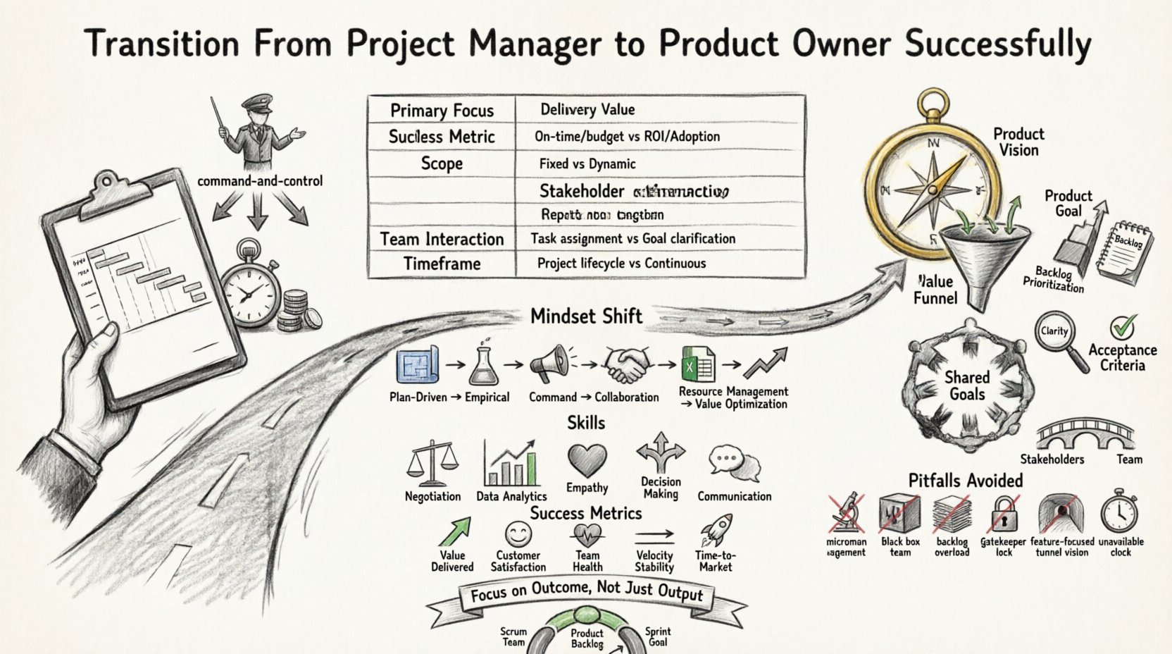 Charcoal contour sketch infographic illustrating the career transition from Project Manager to Product Owner in Scrum framework, featuring side-by-side role comparison (focus, metrics, scope, stakeholder interaction), mindset shift from output to outcome, key Product Owner responsibilities (product vision, backlog management, prioritization), essential skills (negotiation, data-driven decisions, empathy), common pitfalls to avoid, and success metrics (value delivered, customer satisfaction, team health), designed with hand-drawn artistic style and clear visual hierarchy for agile professionals