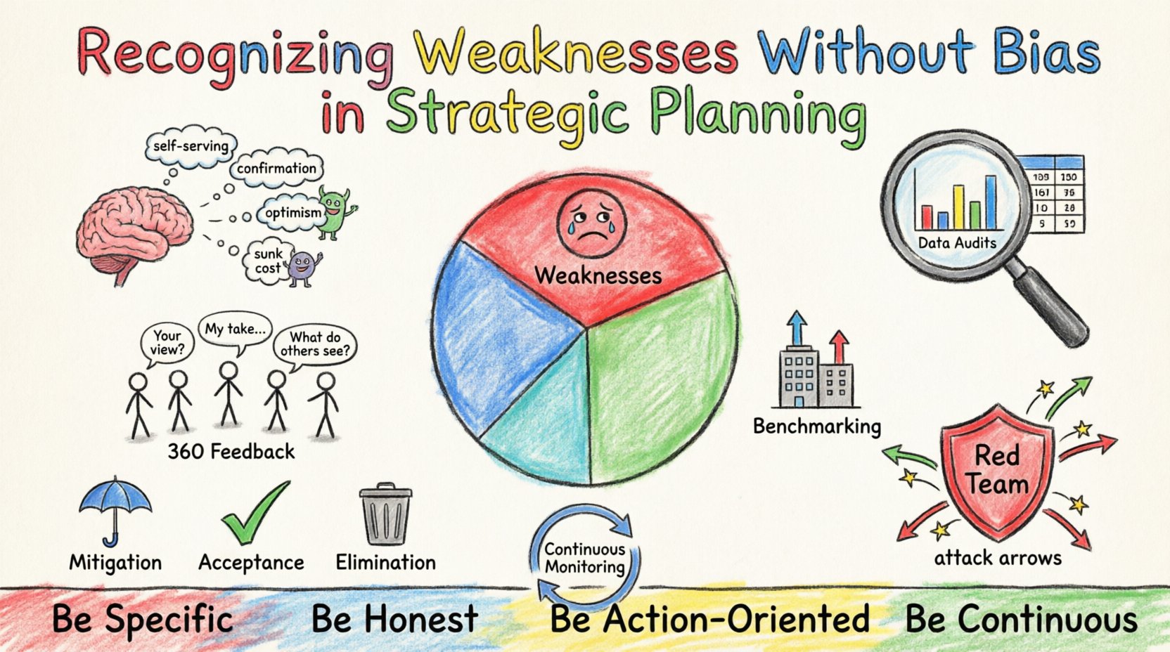 Child-drawing style infographic summarizing how to recognize internal weaknesses without bias in strategic planning: SWOT analysis focus on weaknesses, cognitive biases (self-serving, confirmation, optimism, sunk cost), data-driven audits, 360-degree feedback, external benchmarking, red teaming exercises, and actionable strategies for mitigation, acceptance, or elimination