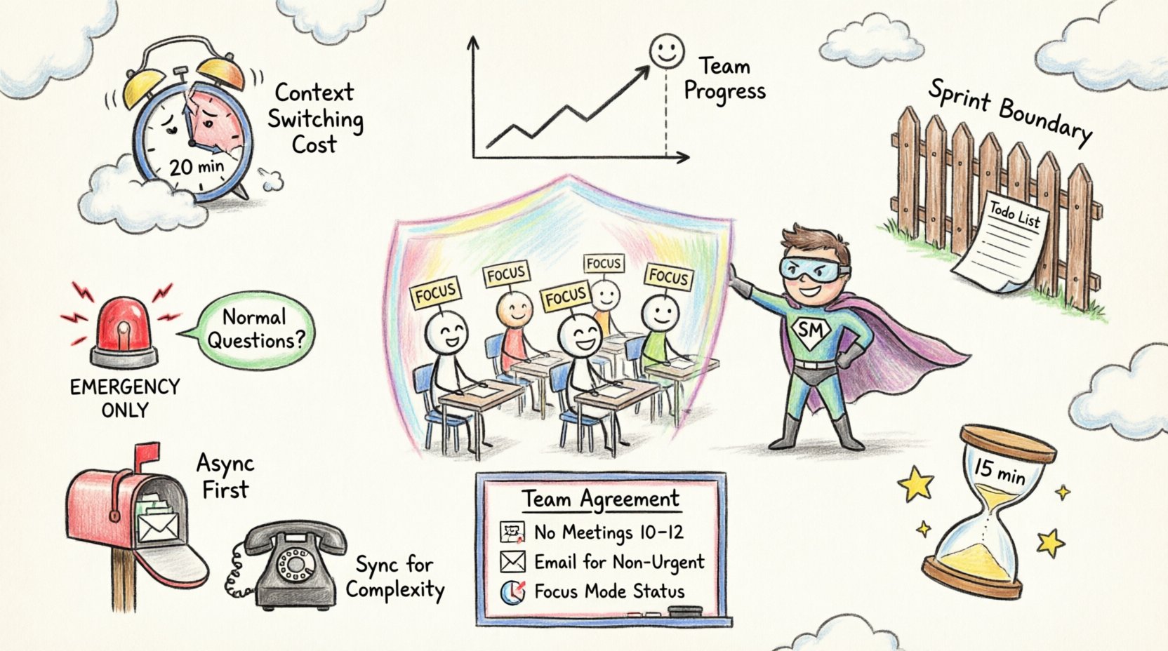 Child-style drawing infographic showing how Agile Scrum teams reduce interruptions: happy developers in focus mode protected by Scrum Master shield, with visual tips like sprint boundaries, async communication, 15-minute daily scrum, team agreements, and emergency protocols to maintain productivity and morale