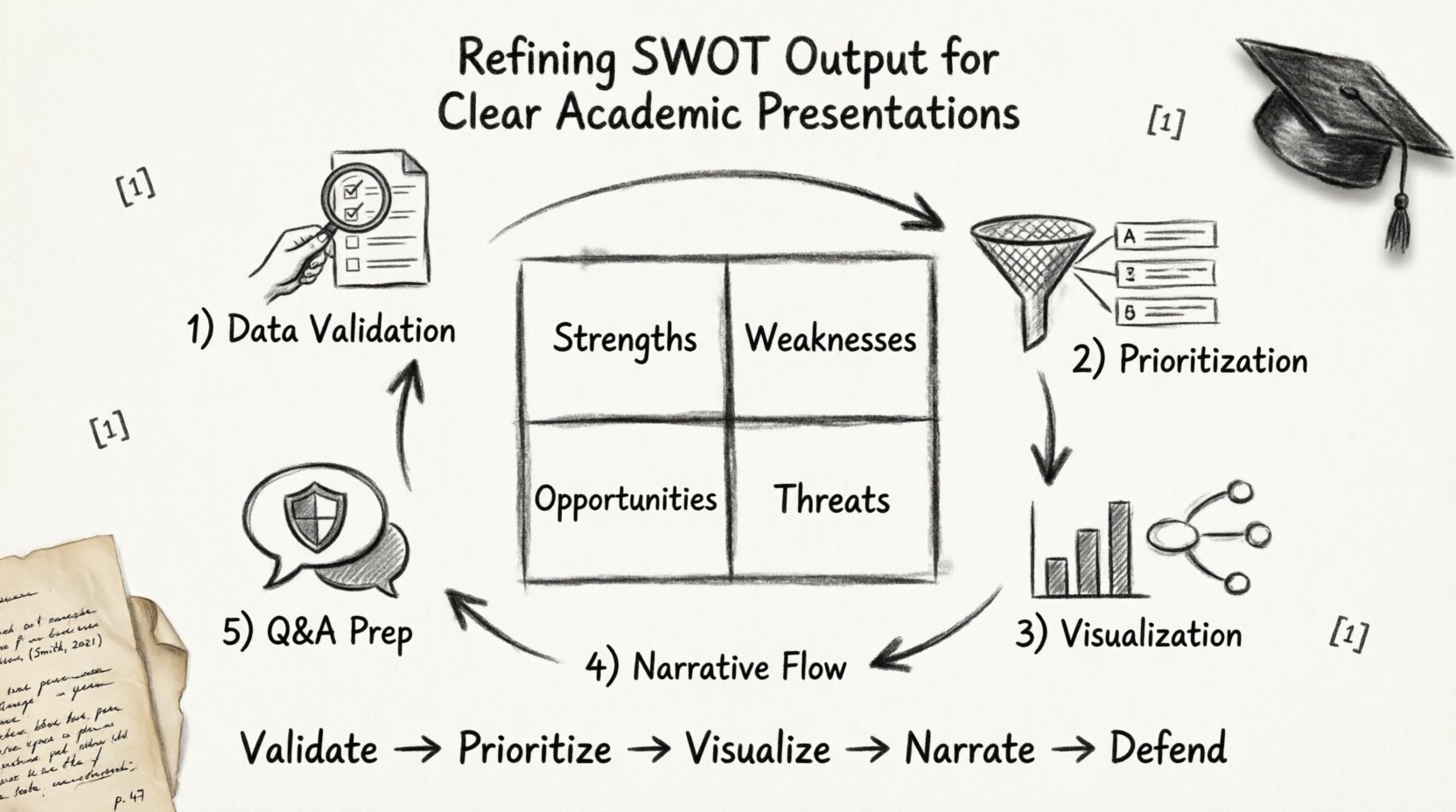 Charcoal sketch infographic illustrating a 5-step process for refining SWOT analysis output for academic presentations: data validation, prioritization, visualization, narrative construction, and Q&A preparation, centered around a hand-drawn SWOT matrix with Strengths, Weaknesses, Opportunities, and Threats quadrants, designed in 16:9 aspect ratio for scholarly communication