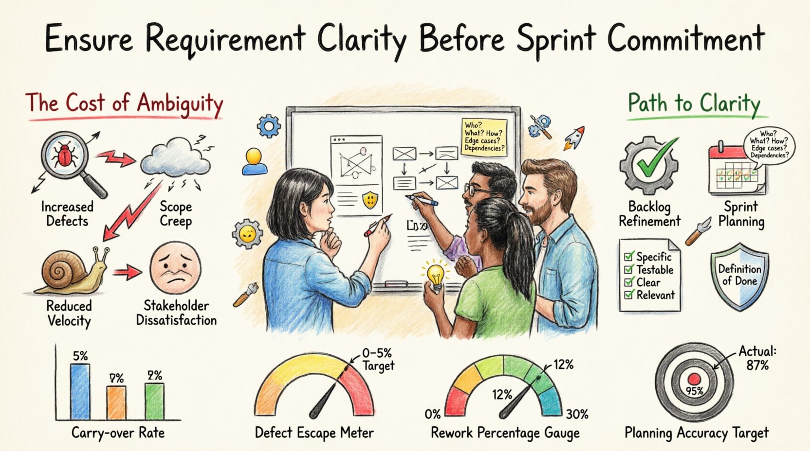 Marker illustration infographic showing how to ensure requirement clarity before sprint commitment in Agile development, featuring the costs of ambiguous requirements (defects, scope creep, reduced velocity, stakeholder dissatisfaction), essential sprint planning questions, acceptance criteria checklist with Definition of Done, backlog refinement workflow, communication strategies, and key metrics for measuring team predictability and quality
