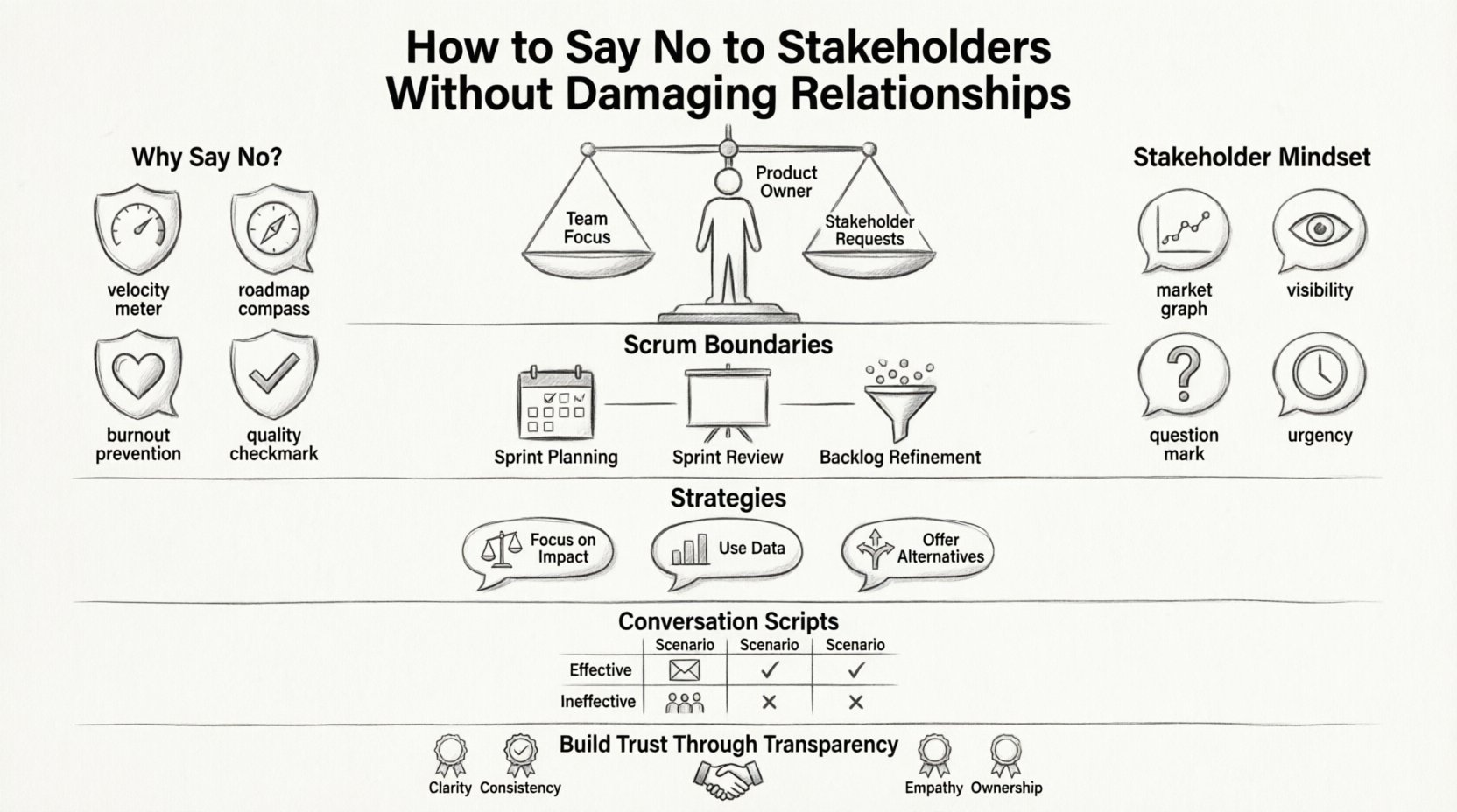 Line art infographic illustrating strategies for Agile Product Owners to decline stakeholder requests without damaging relationships, featuring Scrum framework boundaries (Sprint Planning, Review, Refinement), stakeholder mindset drivers, communication scripts with trade-off examples, and trust-building principles for maintaining team focus and product quality