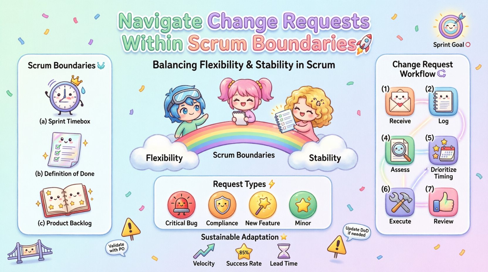 Kawaii-style infographic illustrating how to navigate change requests within Scrum boundaries, featuring cute chibi characters, pastel colors, and visual workflows for Sprint timebox, Definition of Done, Product Backlog management, change request prioritization, and sustainable agile adaptation strategies