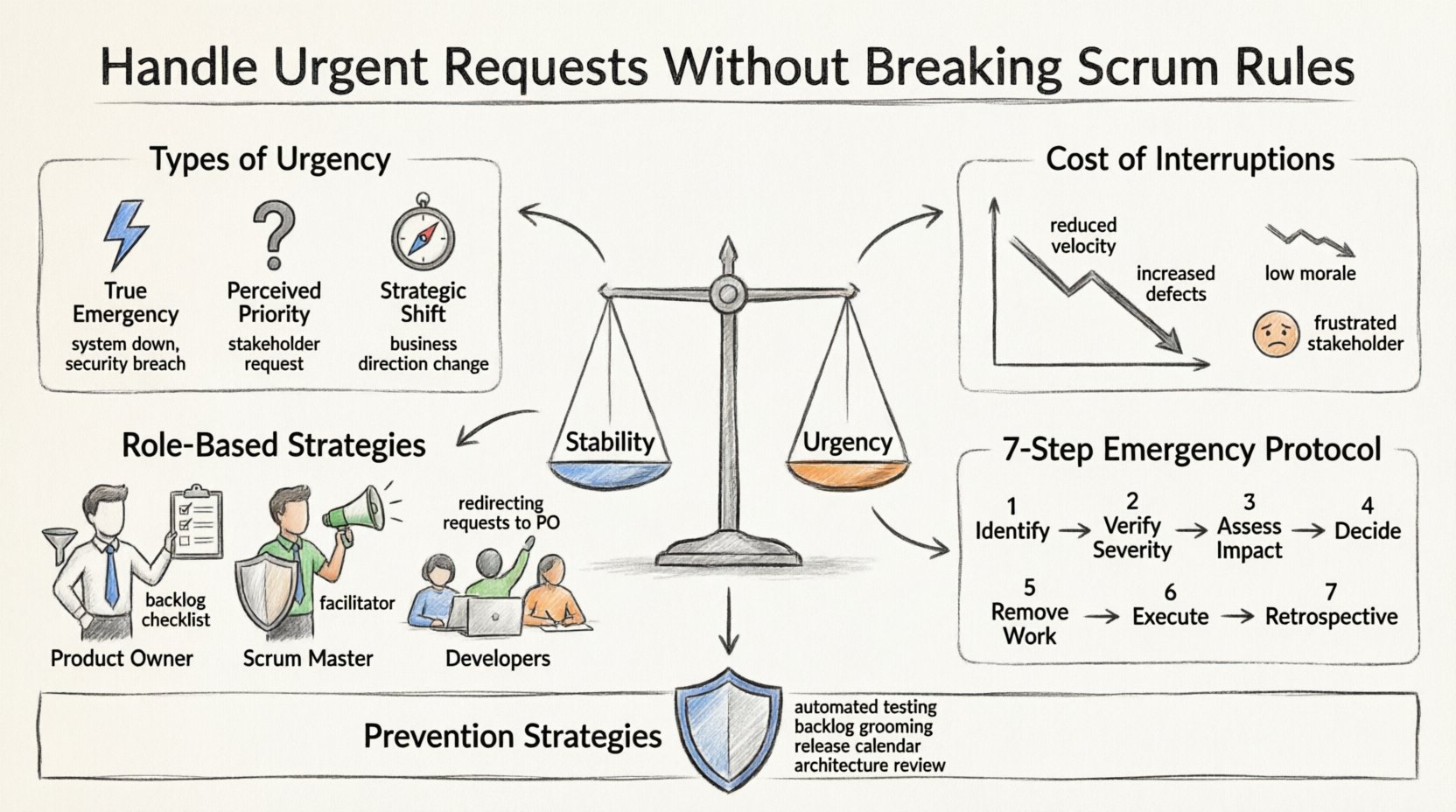 Sketch-style infographic illustrating how Scrum teams handle urgent requests without breaking framework rules, featuring types of urgency, cost of interruptions, role-based strategies for Product Owner Scrum Master and Developers, 7-step emergency protocol flowchart, stakeholder communication tips, and long-term prevention strategies for sustainable agile delivery
