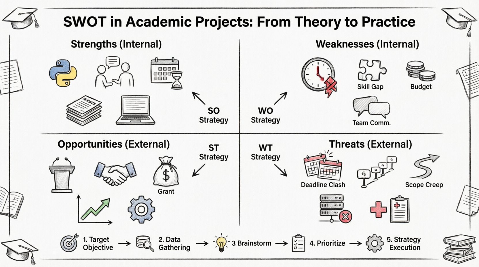 Line art infographic illustrating SWOT analysis framework for academic projects, featuring four quadrants with internal strengths and weaknesses plus external opportunities and threats, TOWS matrix strategy connections, and a five-step practical workflow for student researchers and scholars