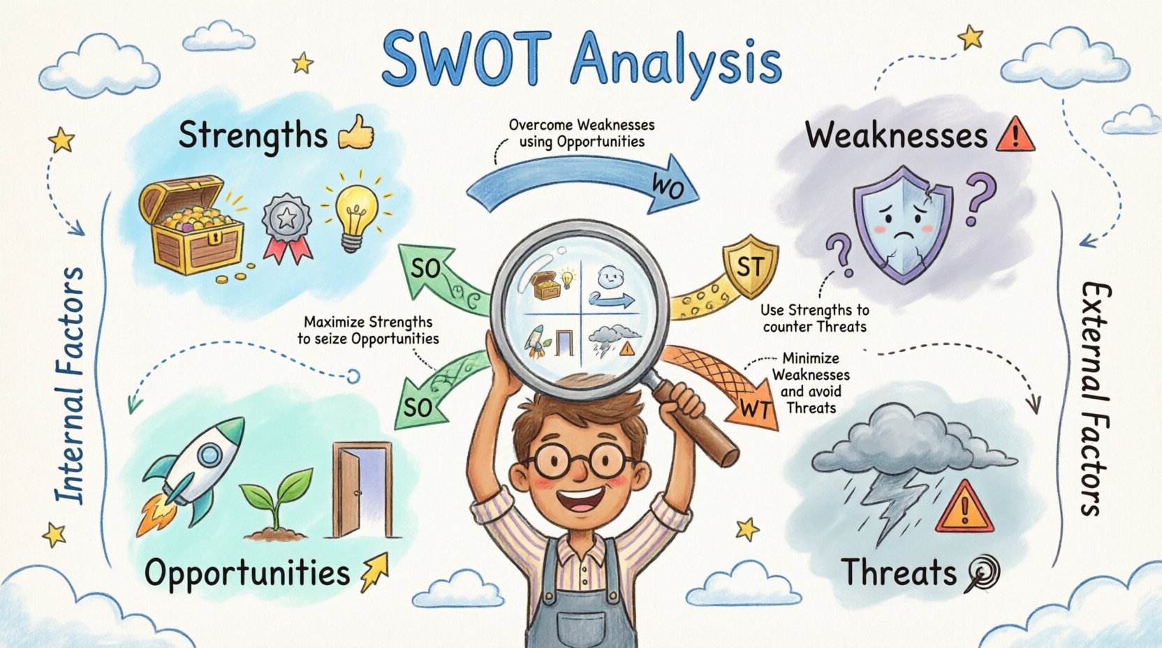 Whimsical infographic explaining SWOT analysis framework with four colorful quadrants: Strengths (internal advantages like resources and capabilities), Weaknesses (internal areas to improve), Opportunities (external growth possibilities), and Threats (external risks), plus TOWS strategy connections showing how to turn analysis into actionable business planning