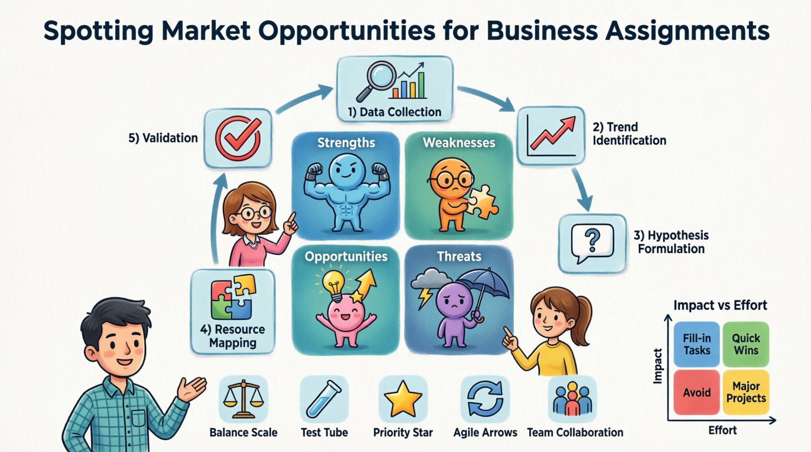 Cartoon-style infographic illustrating how to spot market opportunities using SWOT analysis for business assignments, featuring the four SWOT quadrants (Strengths, Weaknesses, Opportunities, Threats), a 5-step methodology flow (data collection, trend identification, hypothesis formulation, resource mapping, validation), an Impact vs Effort prioritization matrix, and key takeaways icons, designed in bright cheerful colors with friendly business characters on a 16:9 layout
