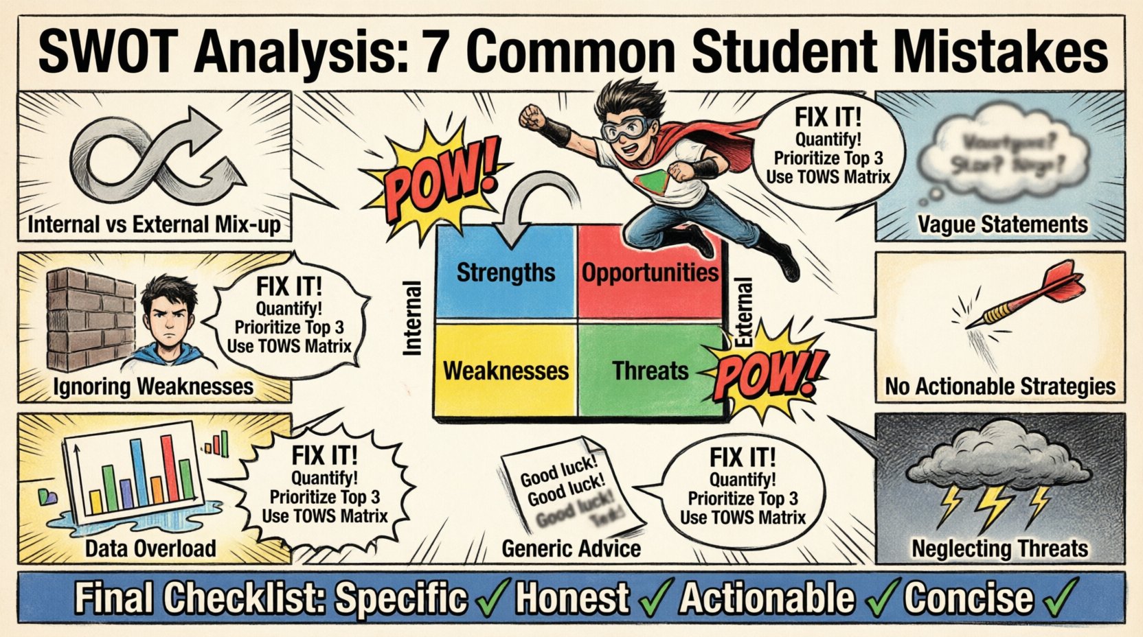 Comic book style infographic summarizing 7 common mistakes students make in SWOT analysis frameworks: confusing internal vs external factors, using vague statements, ignoring weaknesses due to ego, failing to create actionable strategies, data overload without prioritization, neglecting external threats, and copying generic advice, with corrective tips, TOWS matrix guidance, and a final success checklist for academic and career strategic planning