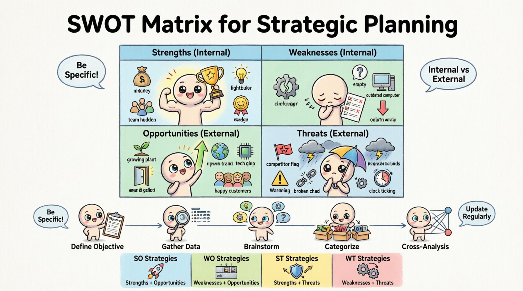 Chibi-style infographic illustrating SWOT matrix for strategic planning assignments featuring four quadrants: Strengths (internal advantages like skills and resources), Weaknesses (internal improvement areas), Opportunities (external growth possibilities), and Threats (external risks), plus five-step execution process and TOWS strategy combinations, designed in cute kawaii art style with pastel colors for educational business content