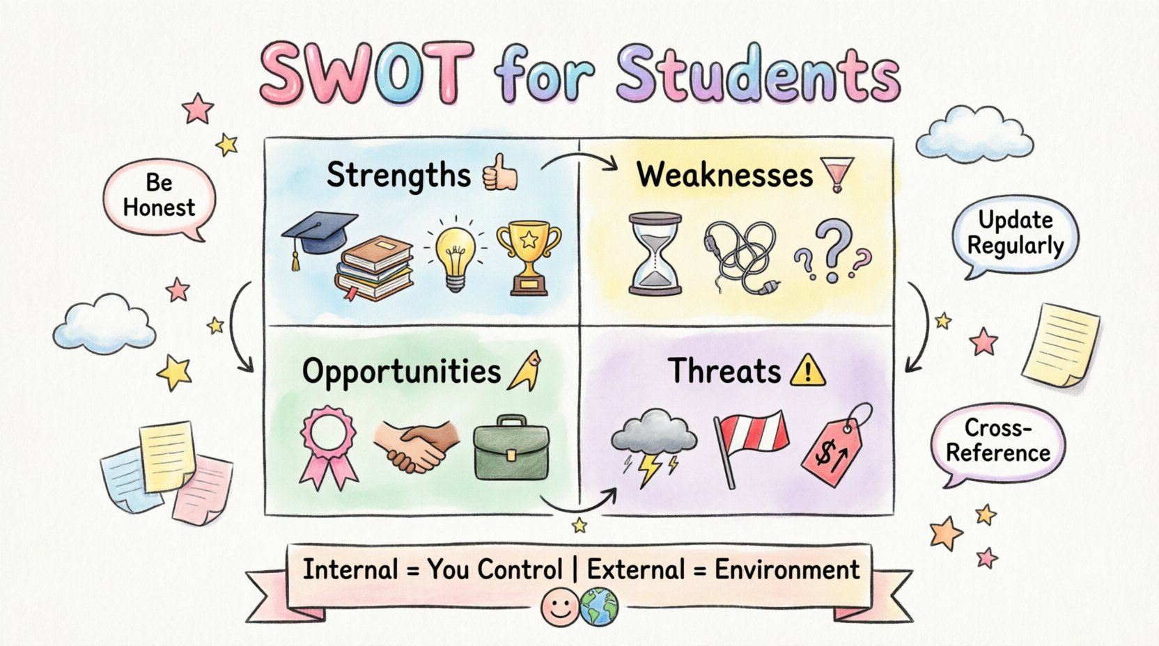 Whimsical infographic illustrating the SWOT Matrix for students: four quadrants showing Strengths (internal assets like skills and resources), Weaknesses (internal challenges like procrastination), Opportunities (external chances like scholarships), and Threats (external risks like competition), with playful icons, student-themed illustrations, and key tips for academic strategic planning
